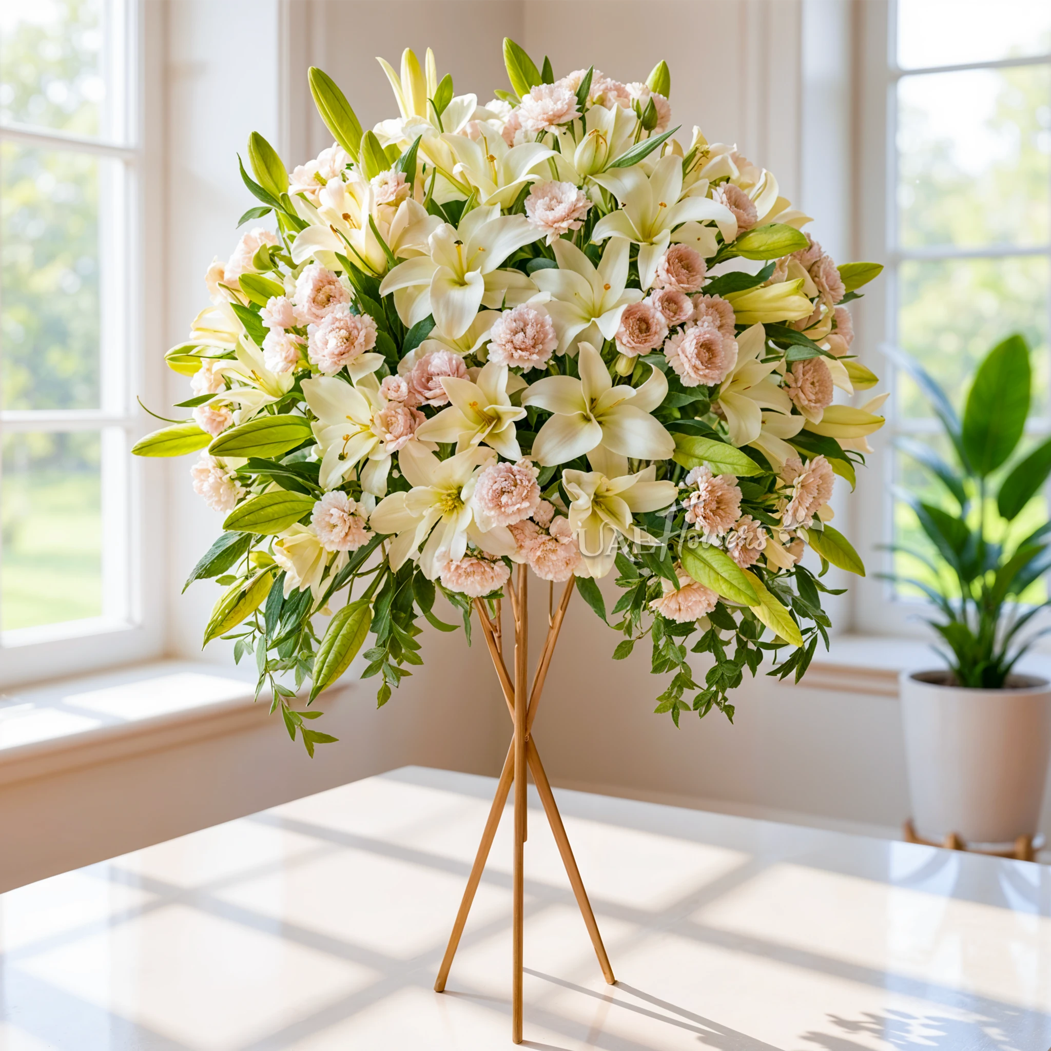 15 white lilies, 20 light pink carnations, and 15 pink spray roses