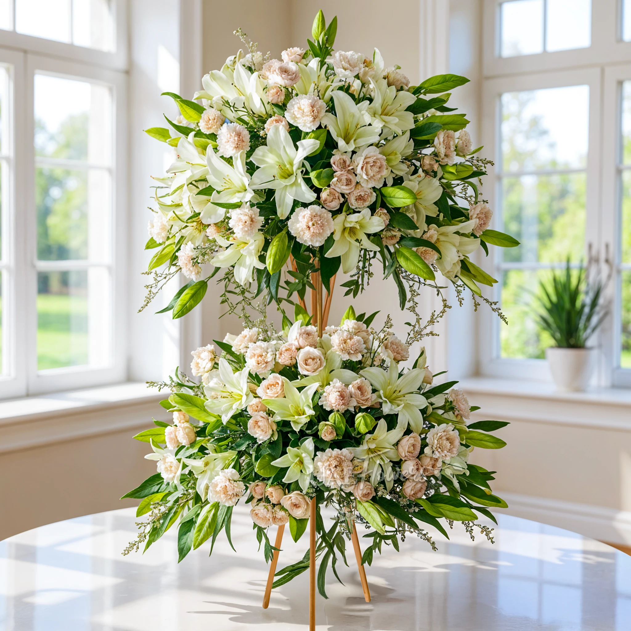 arrangement of 20 white lilies, 40 light pink carnations, and 20 pink spray roses