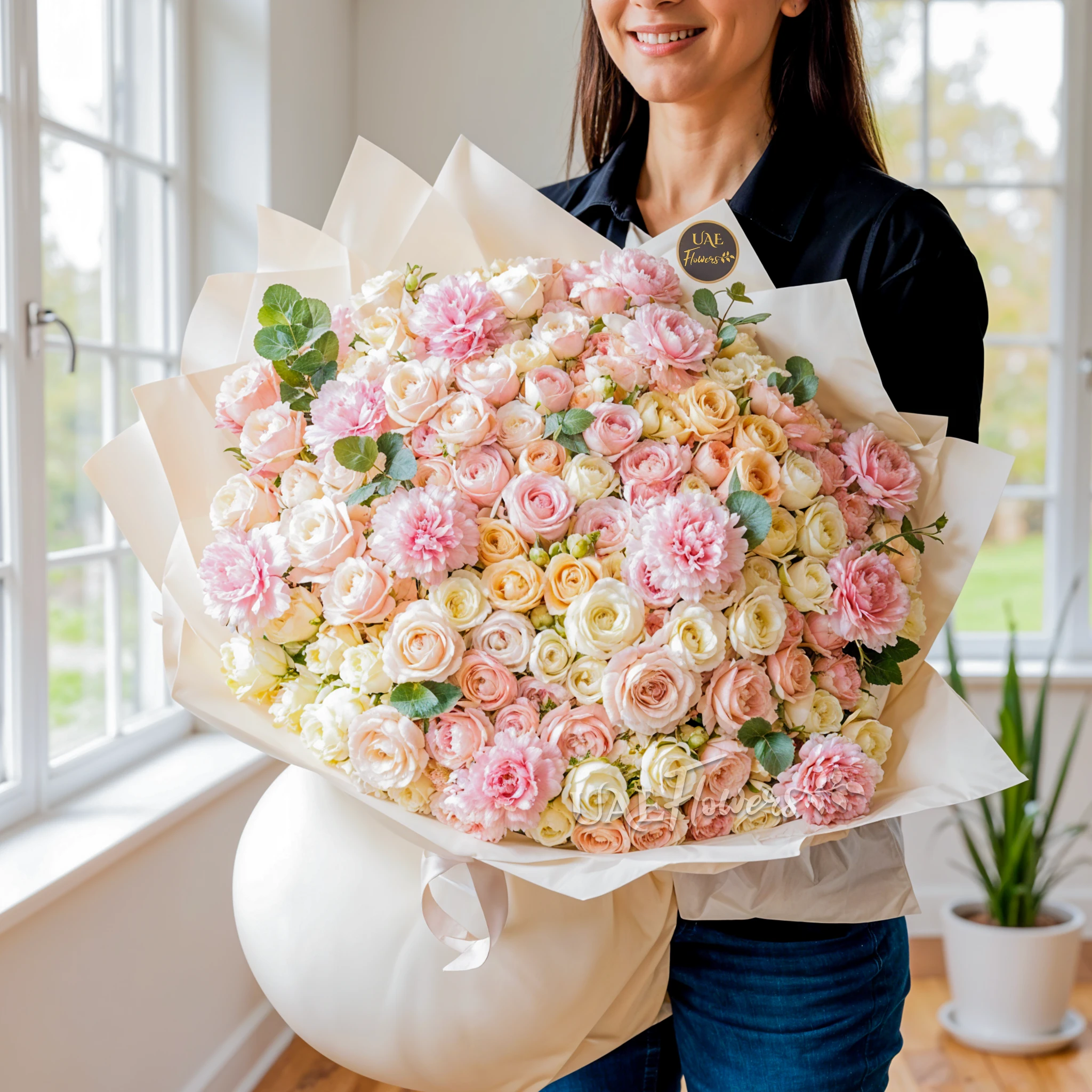 bouquet with 40 mixed spray roses and 20 pink carnations