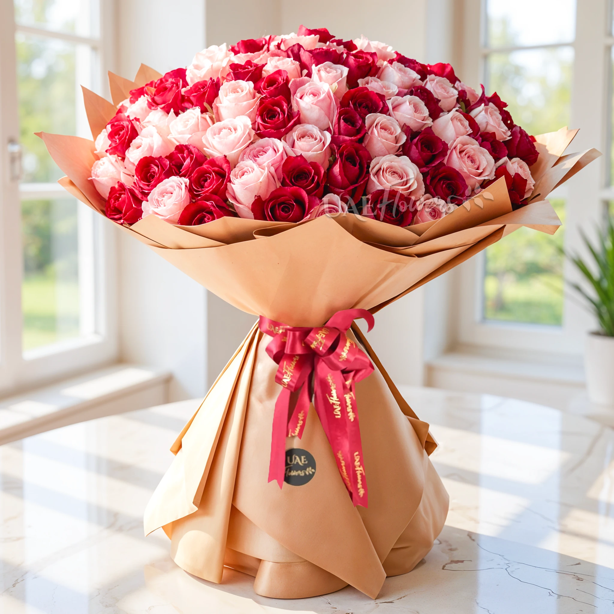 bouquet of 100 red and pink roses