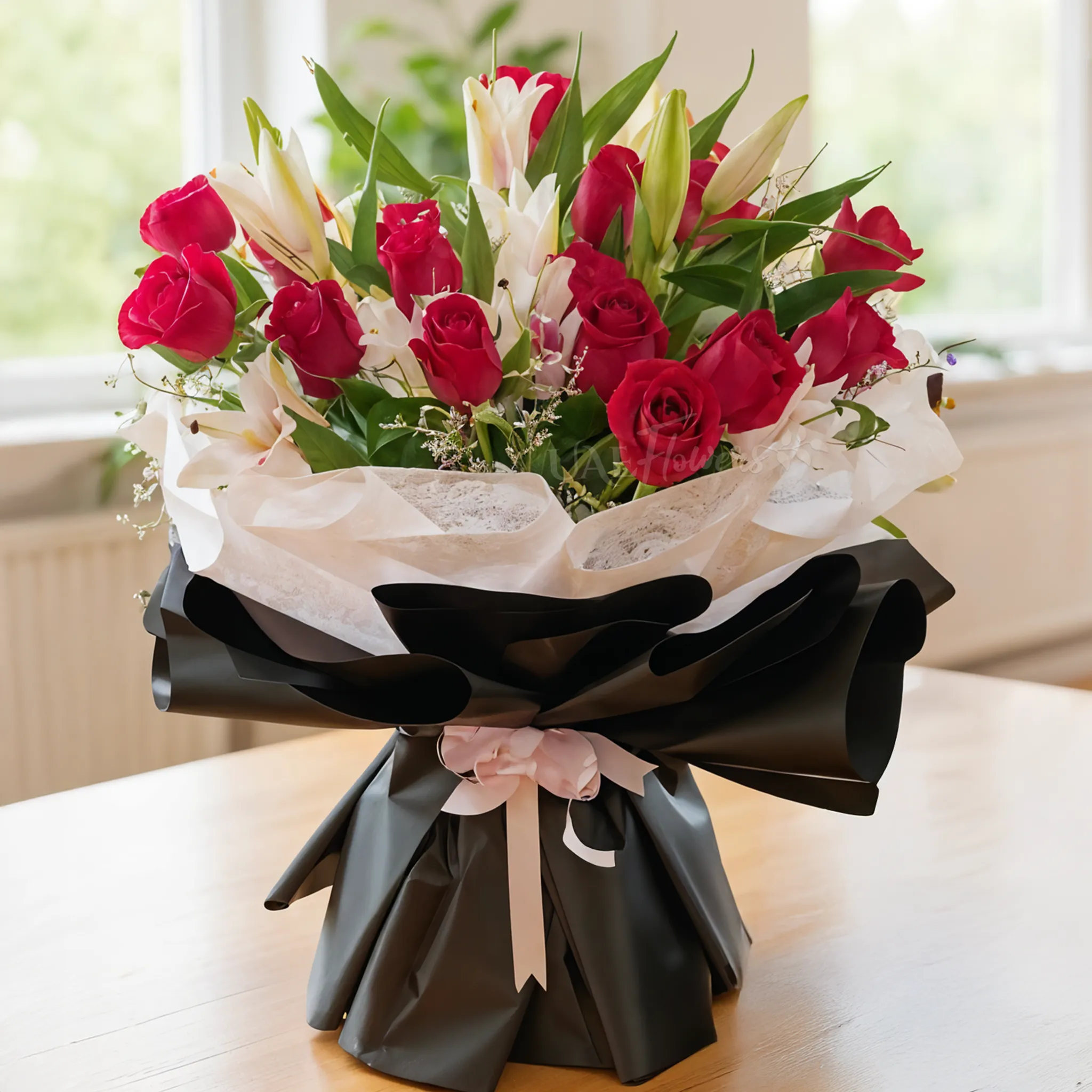 3 pink lilies and 20 red roses in a vase with 1 kg chocolate cake and happy birthday foil balloon