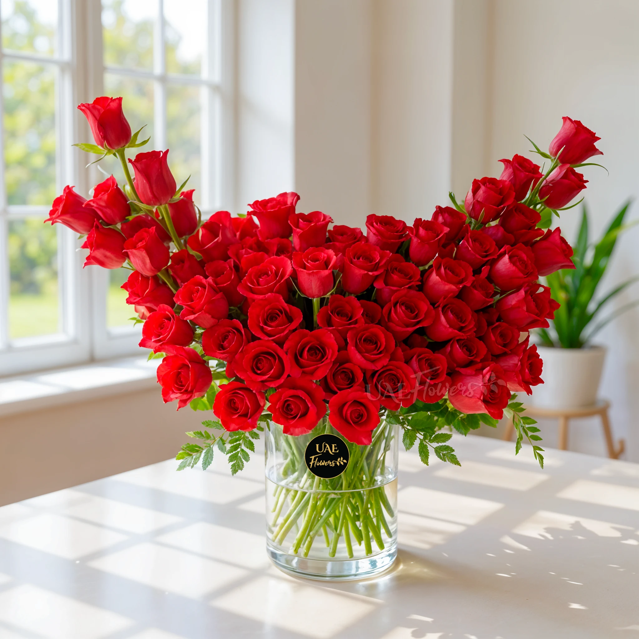 An arrangement of 60 red roses and eucalyptus leaves in a glass vase