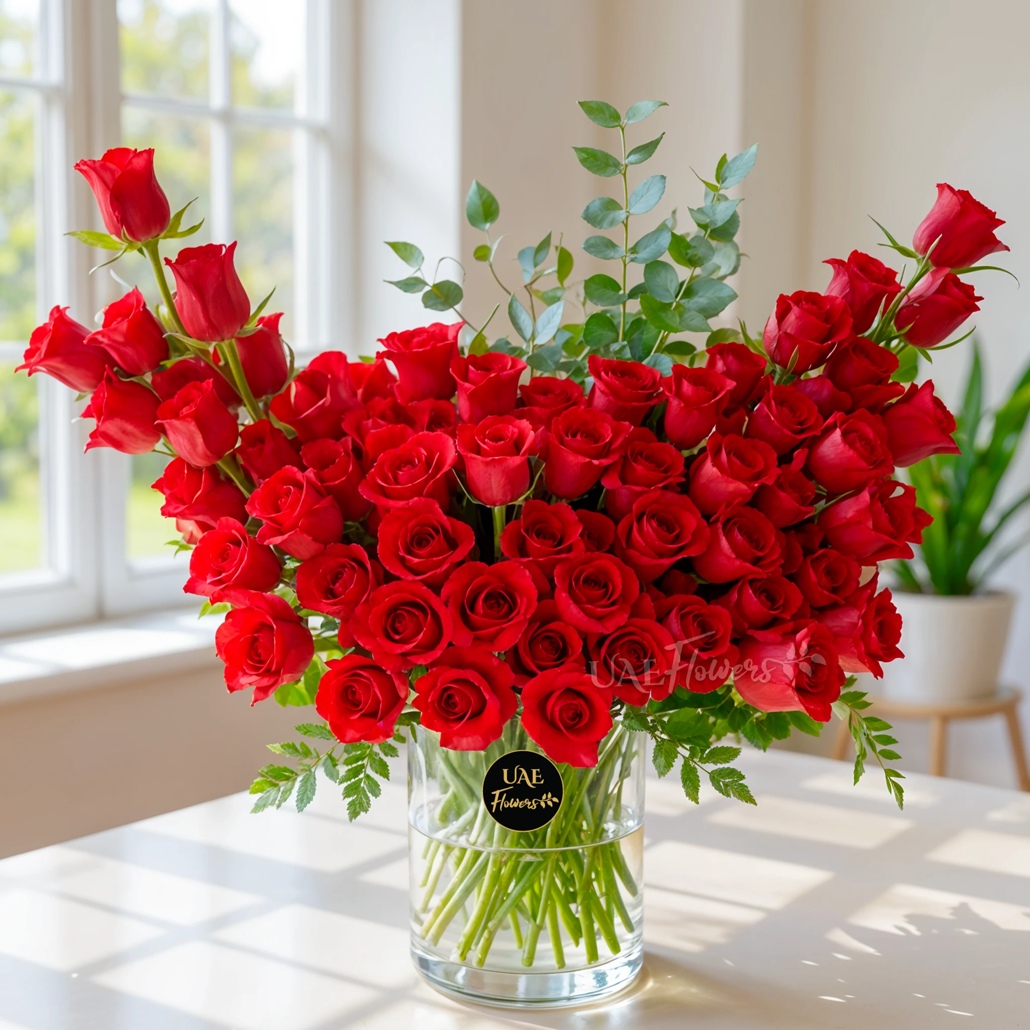 An arrangement of 60 red roses and eucalyptus leaves in a glass vase