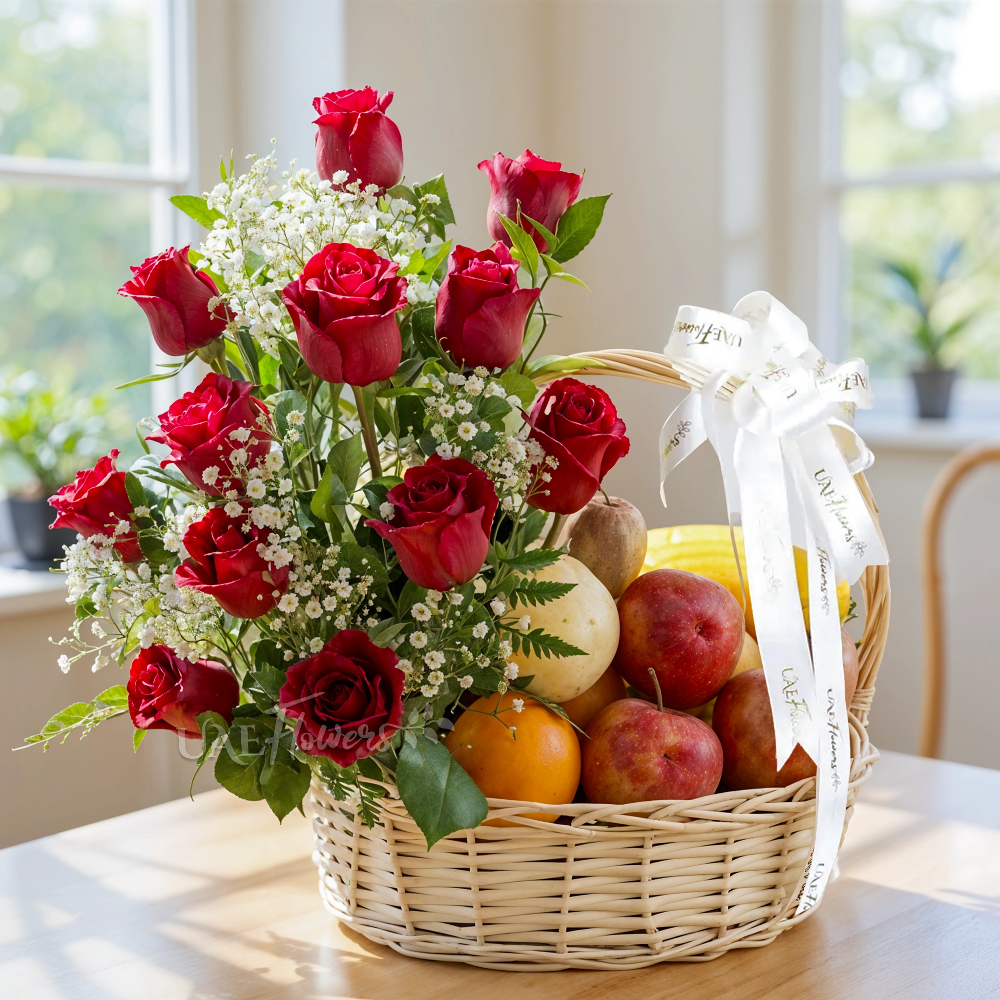 12 red roses and mixed fruits in a basket