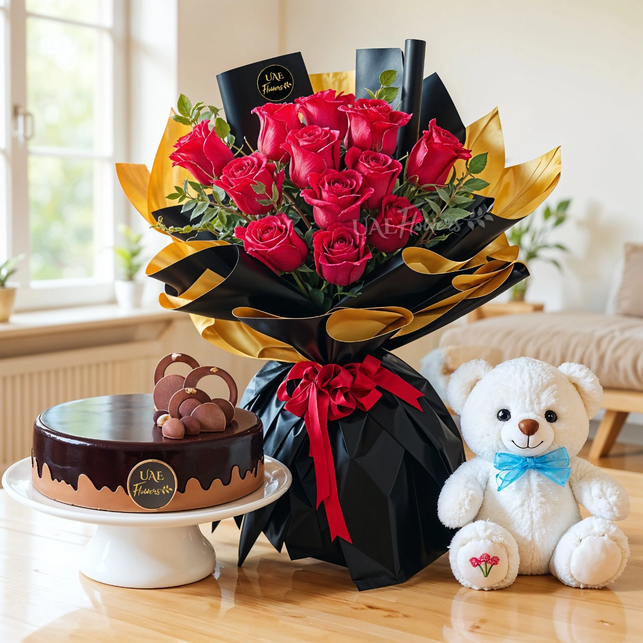 bouquet of 12 red roses with fillers in black and gold wrap, 1 kg chocolate cake, teddy