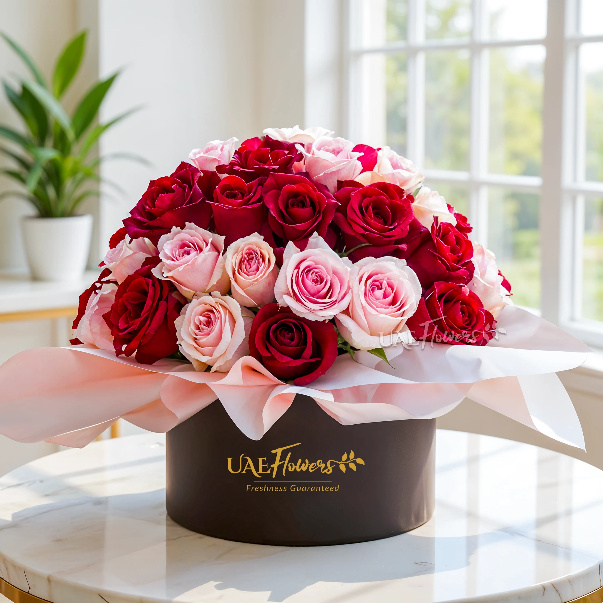 20 red and 20 pink roses neatly wrapped in a round box.