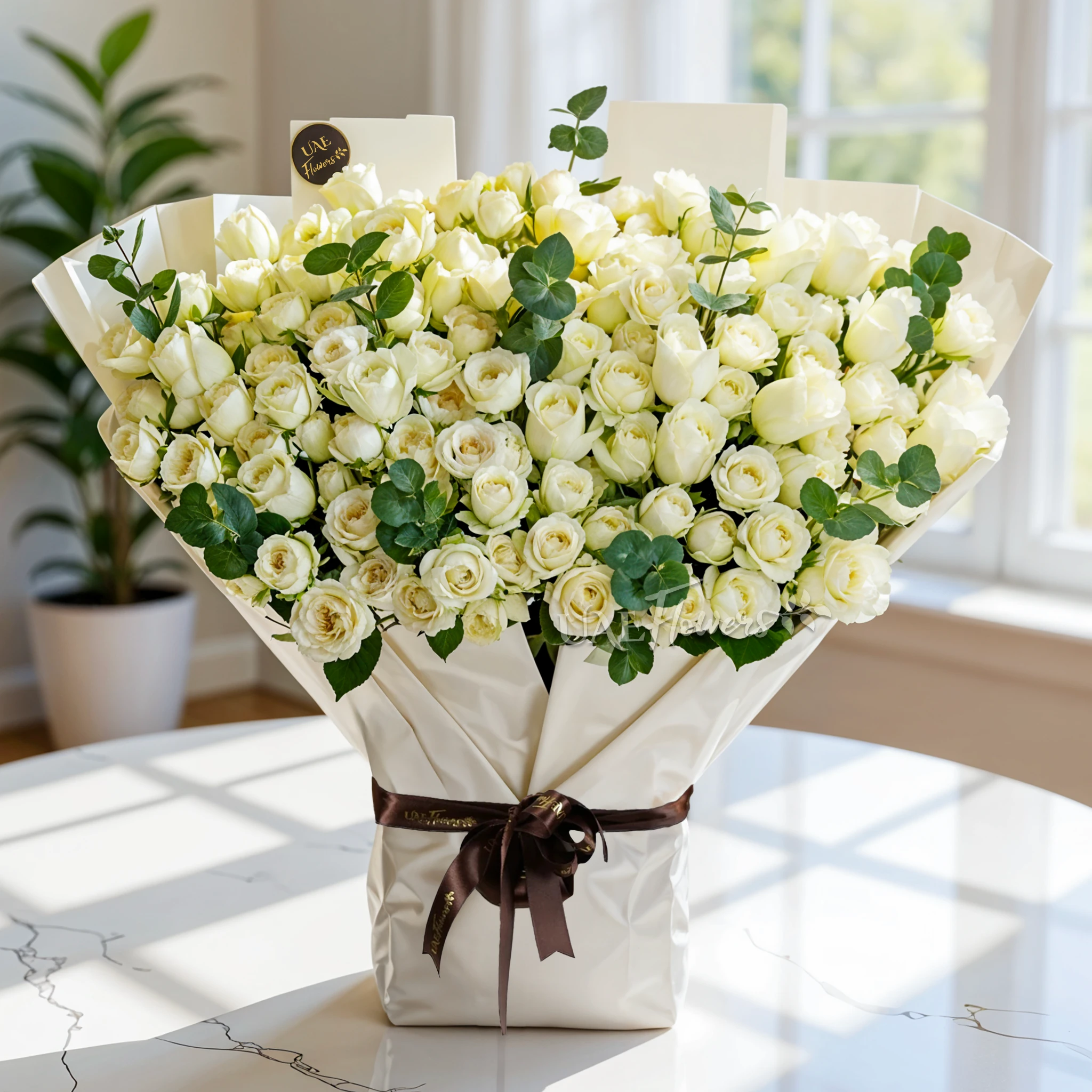 bouquet with 20 white spray roses and 20 white roses