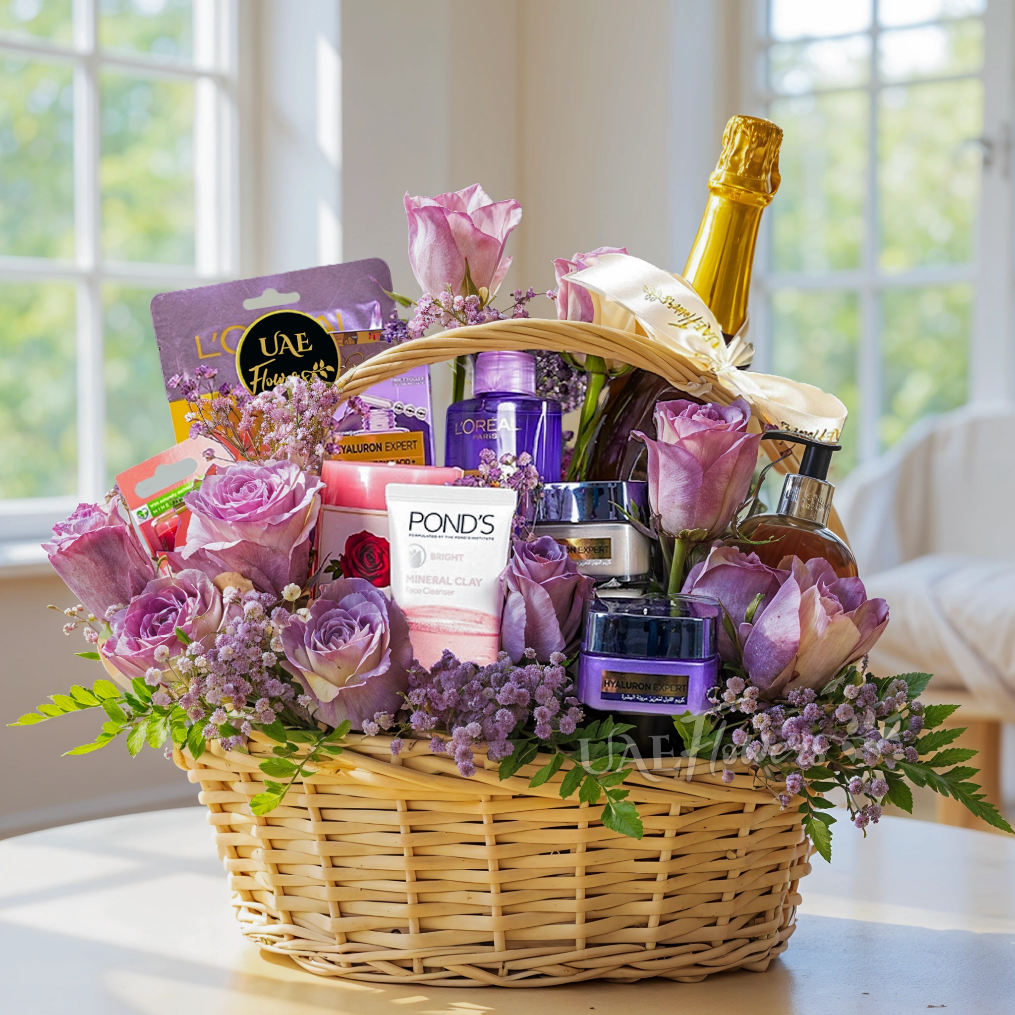gift basket with L'Oreal skincare, candle, snacks, lipcare, and purple-sprayed white roses in a handled basket