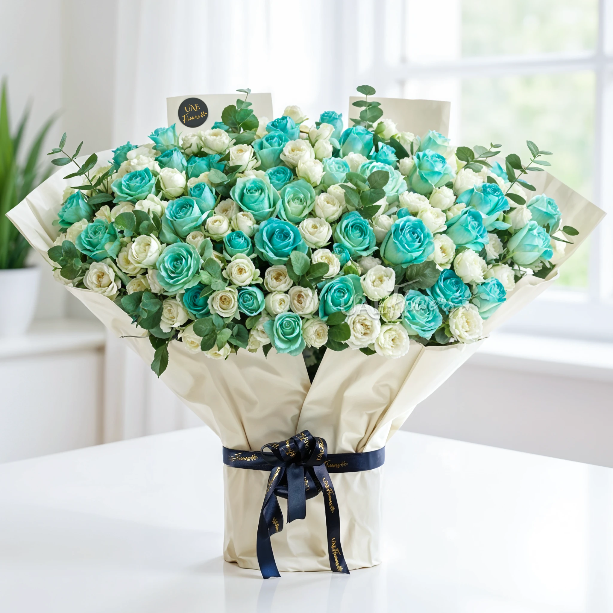 bouquet of 20 white spray roses and 30 blue sprayed roses with green fillers