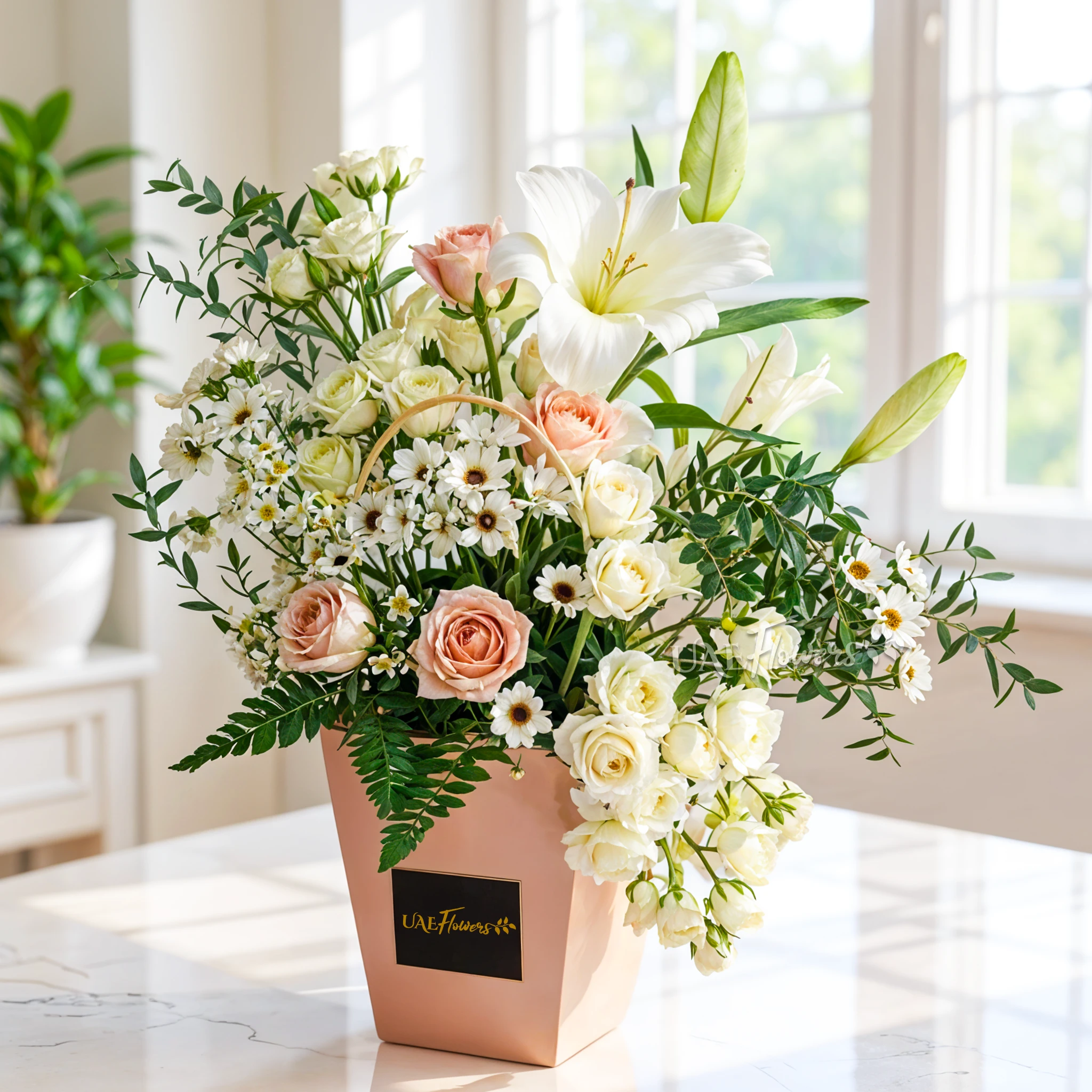 1 white lily, 4 white spray roses, 4 peach roses, and 3 white chrysanthemums