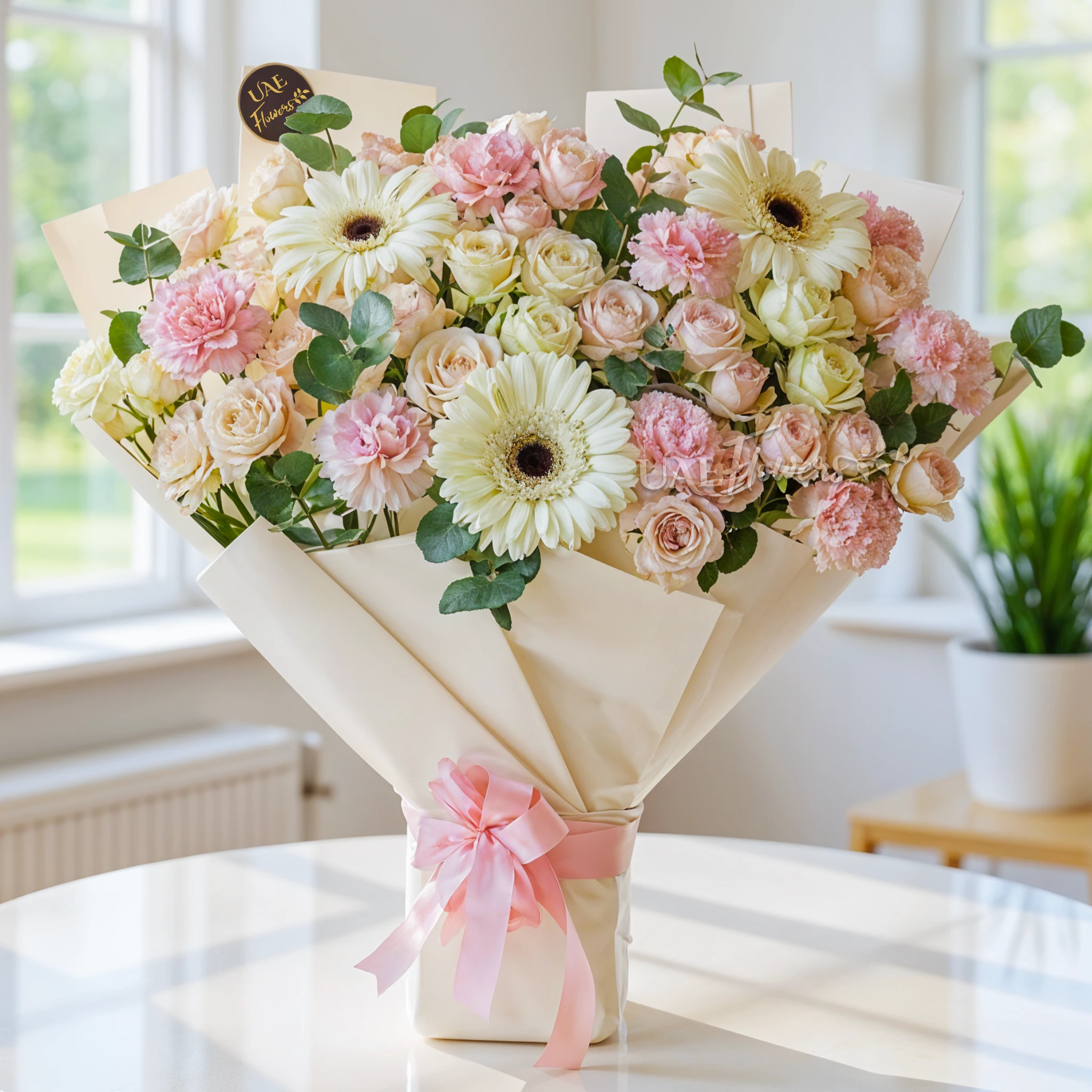 3 white gerberas, 10 pink carnations, 5 pink spray roses, and 5 white spray roses with limonium