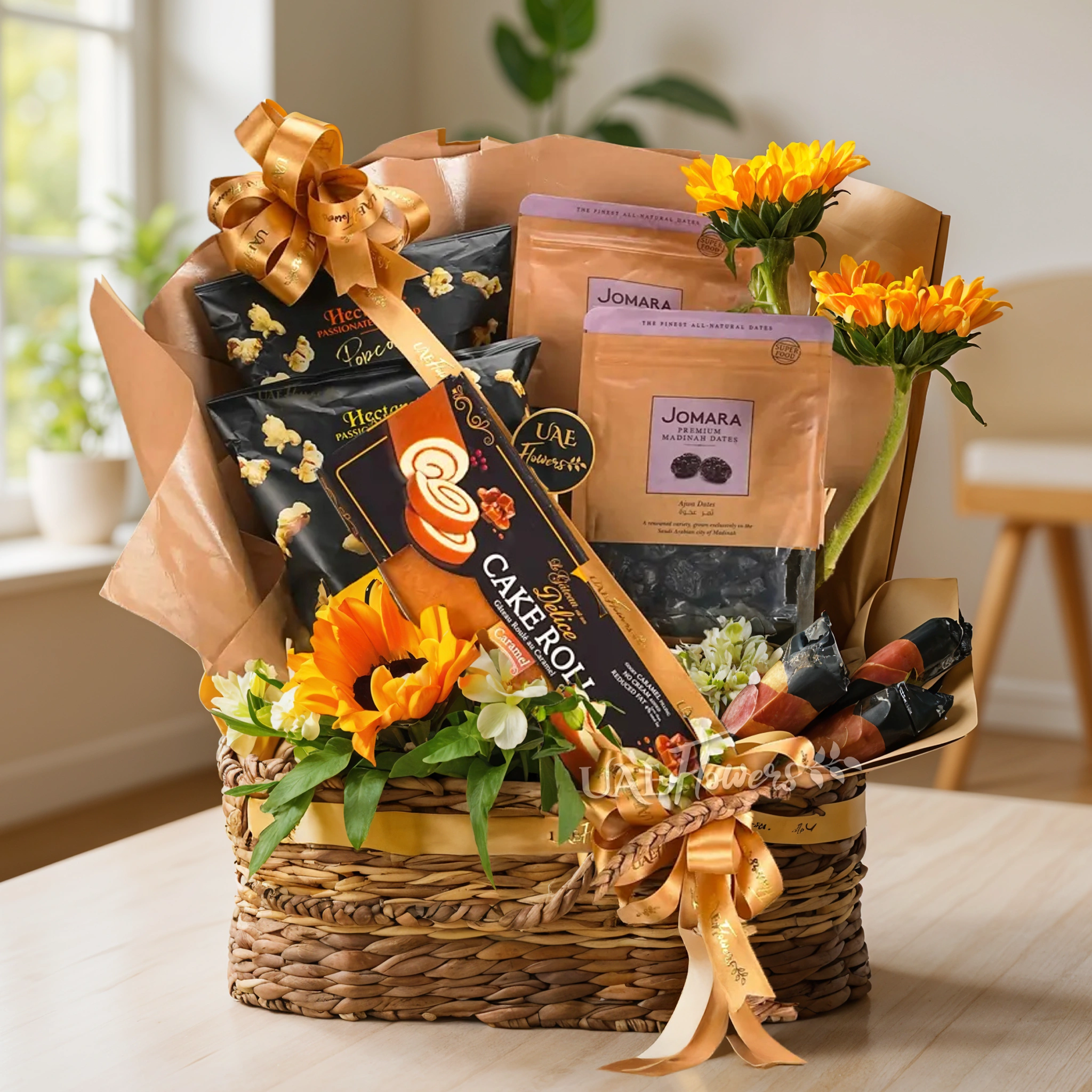 woven basket filled with sunflowers, alstroemerias, cake roll, popcorn, dates,