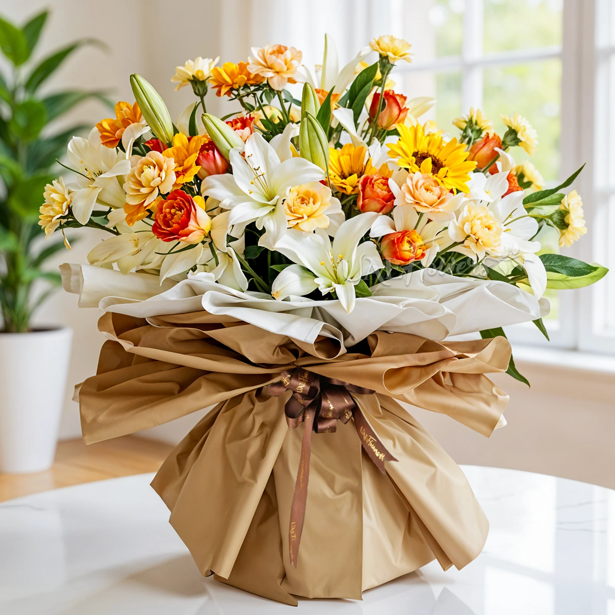 5 white lilies, 5 sunflowers, 10 orange roses, and 15 peach carnations