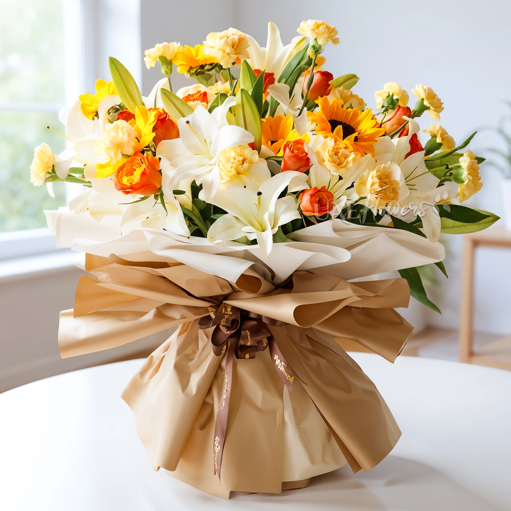 5 white lilies, 5 sunflowers, 10 orange roses, and 15 peach carnations