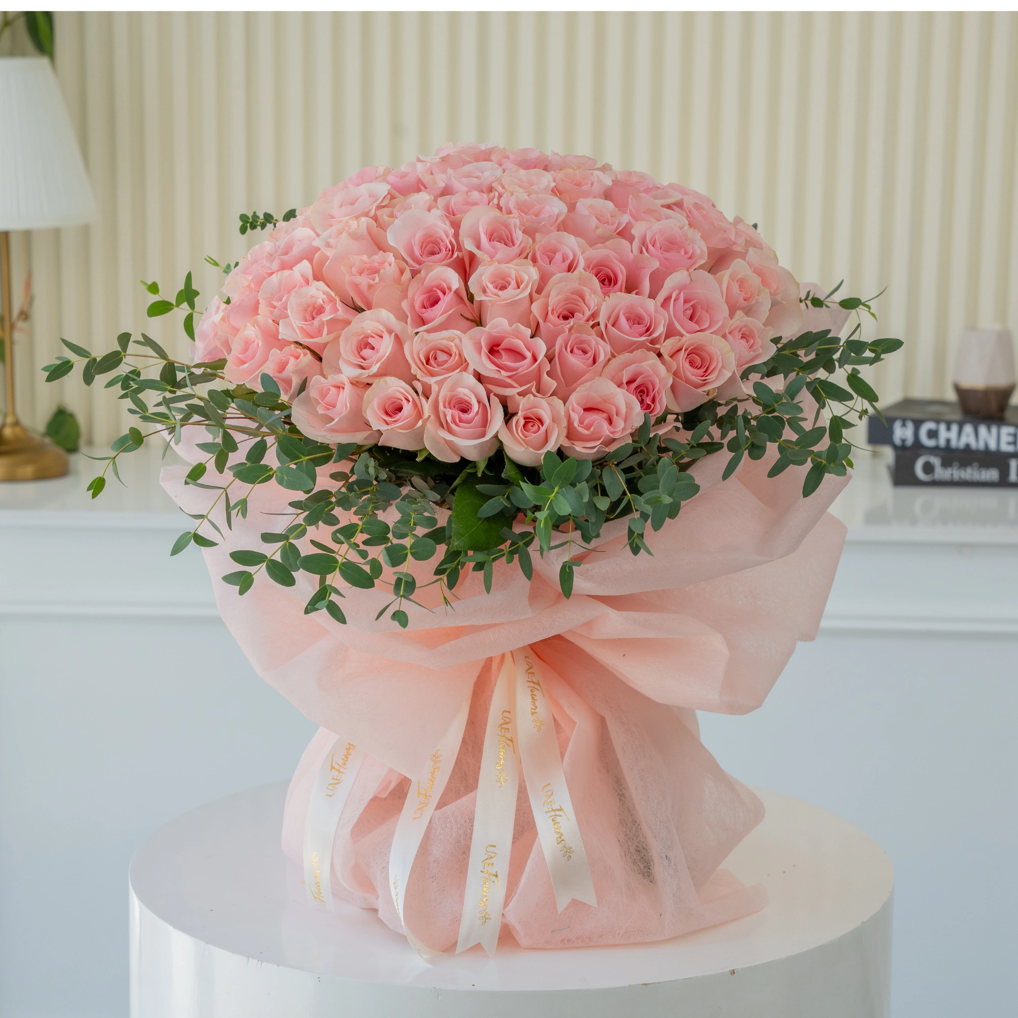 Bouquet of 40 Pink Roses with green fillers in nice wrapping