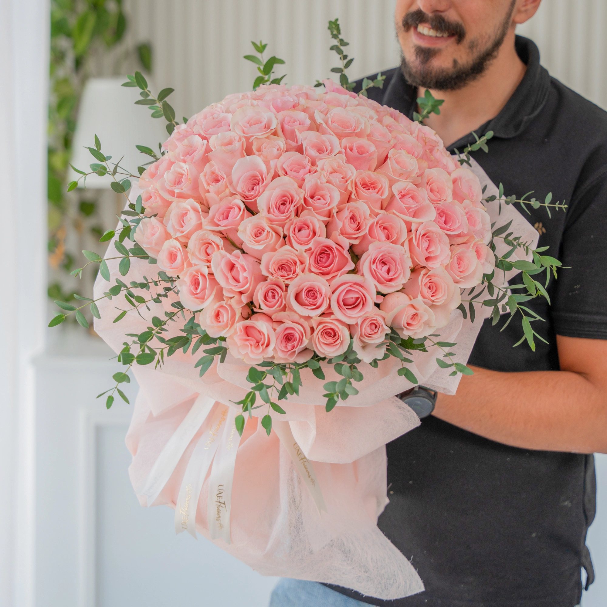Bouquet of 40 Pink Roses with green fillers in nice wrapping