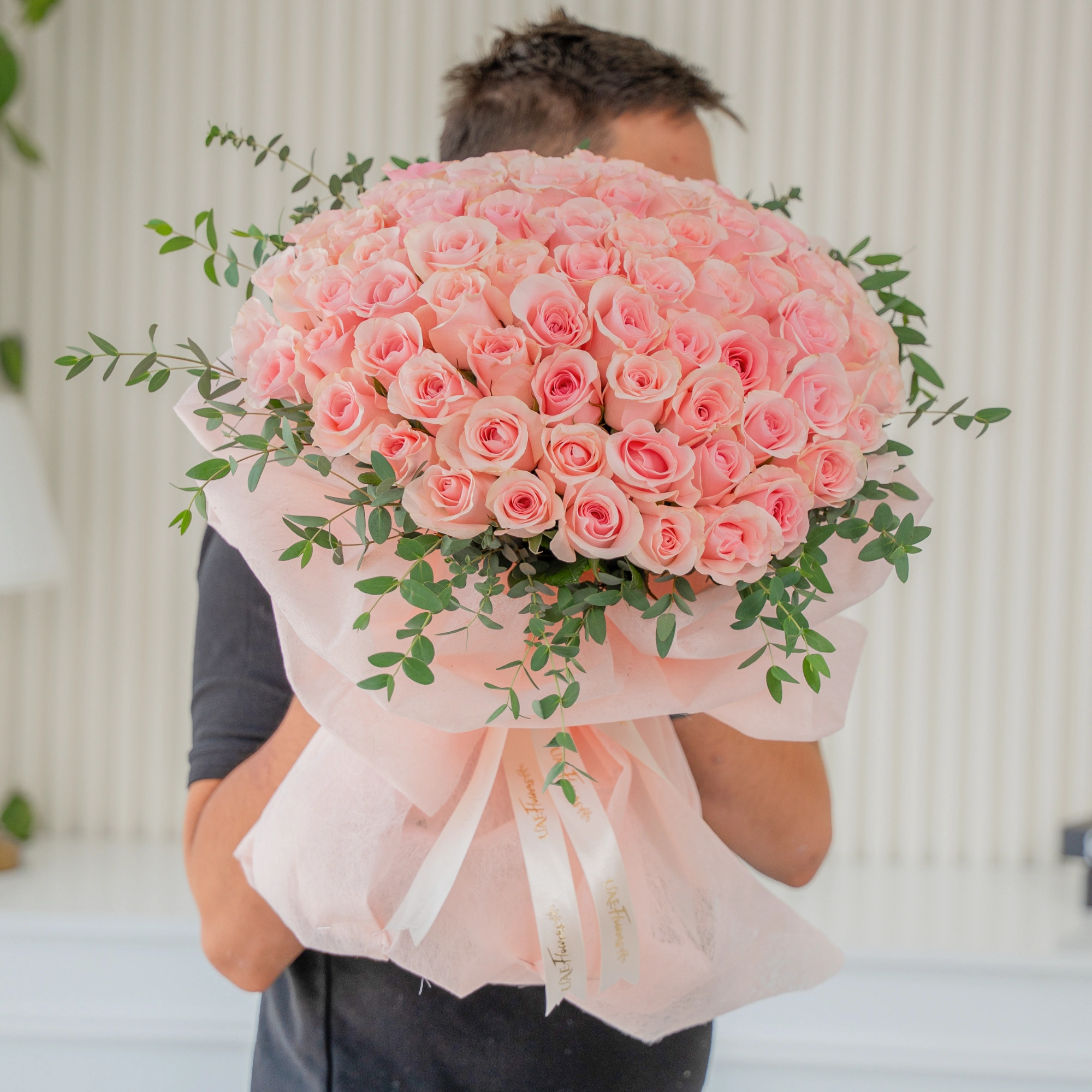 Bouquet of 40 Pink Roses with green fillers in nice wrapping
