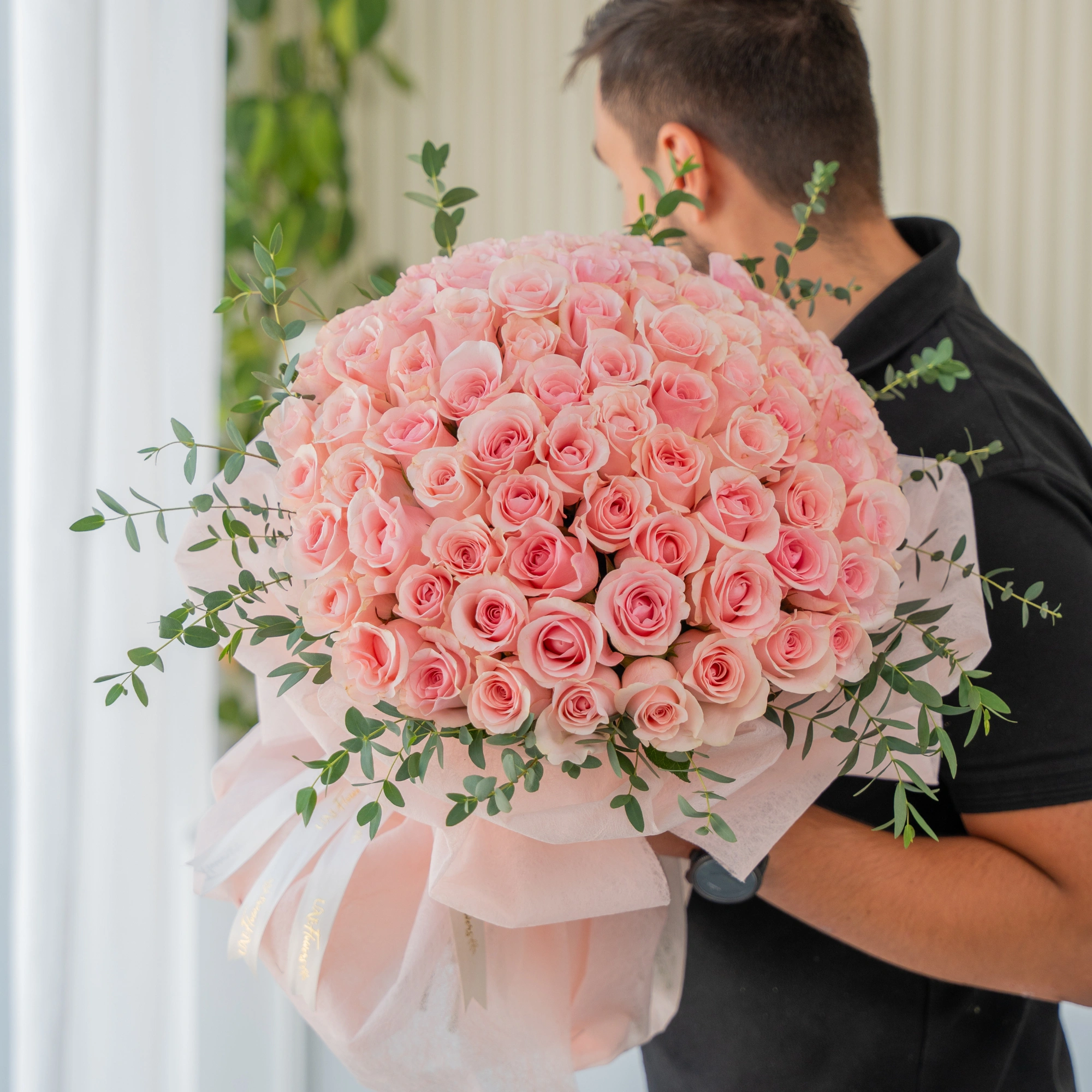 Bouquet of 40 Pink Roses with green fillers in nice wrapping