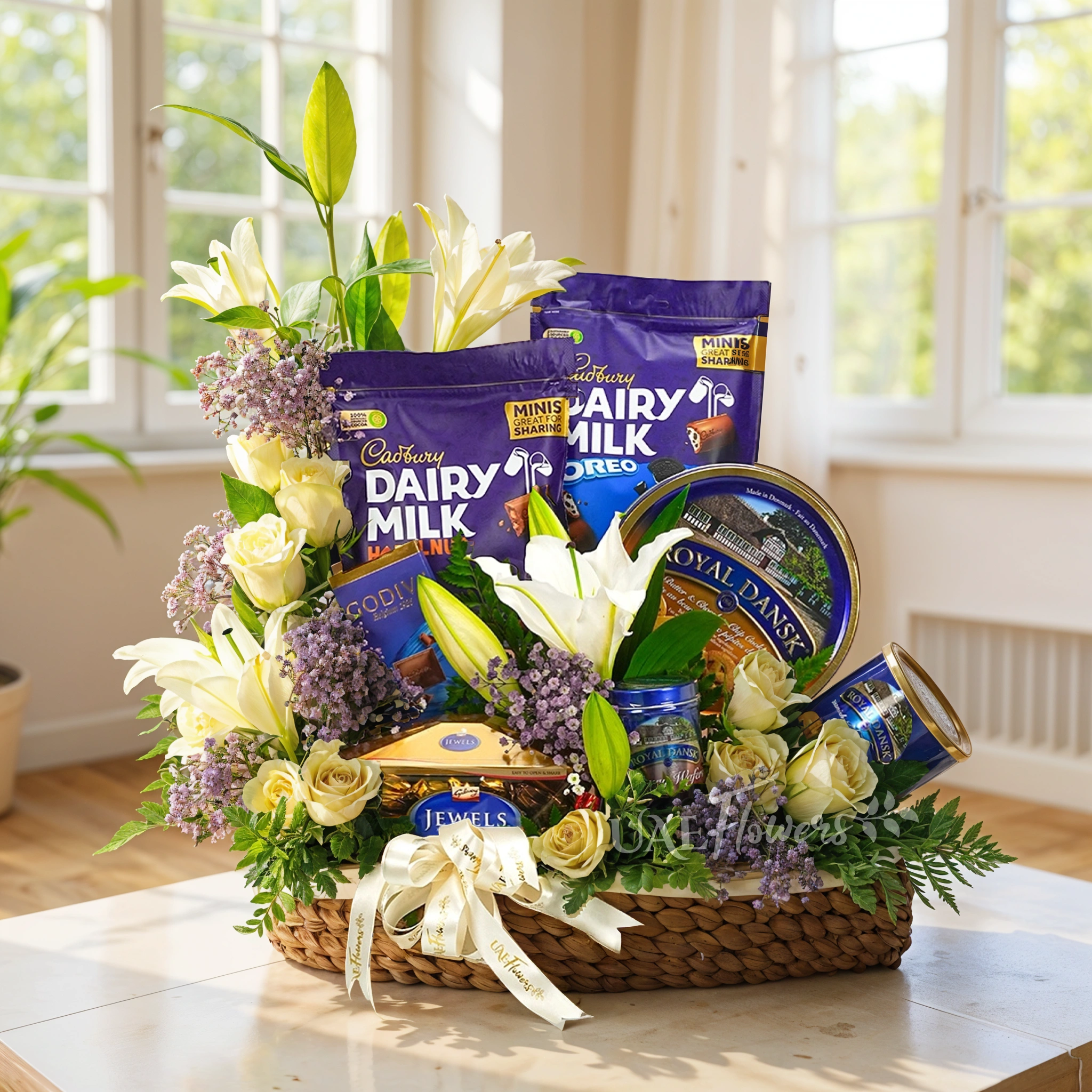 gift hamper with chocolates, cookies, white lilies, roses, and baby’s breath in a basket