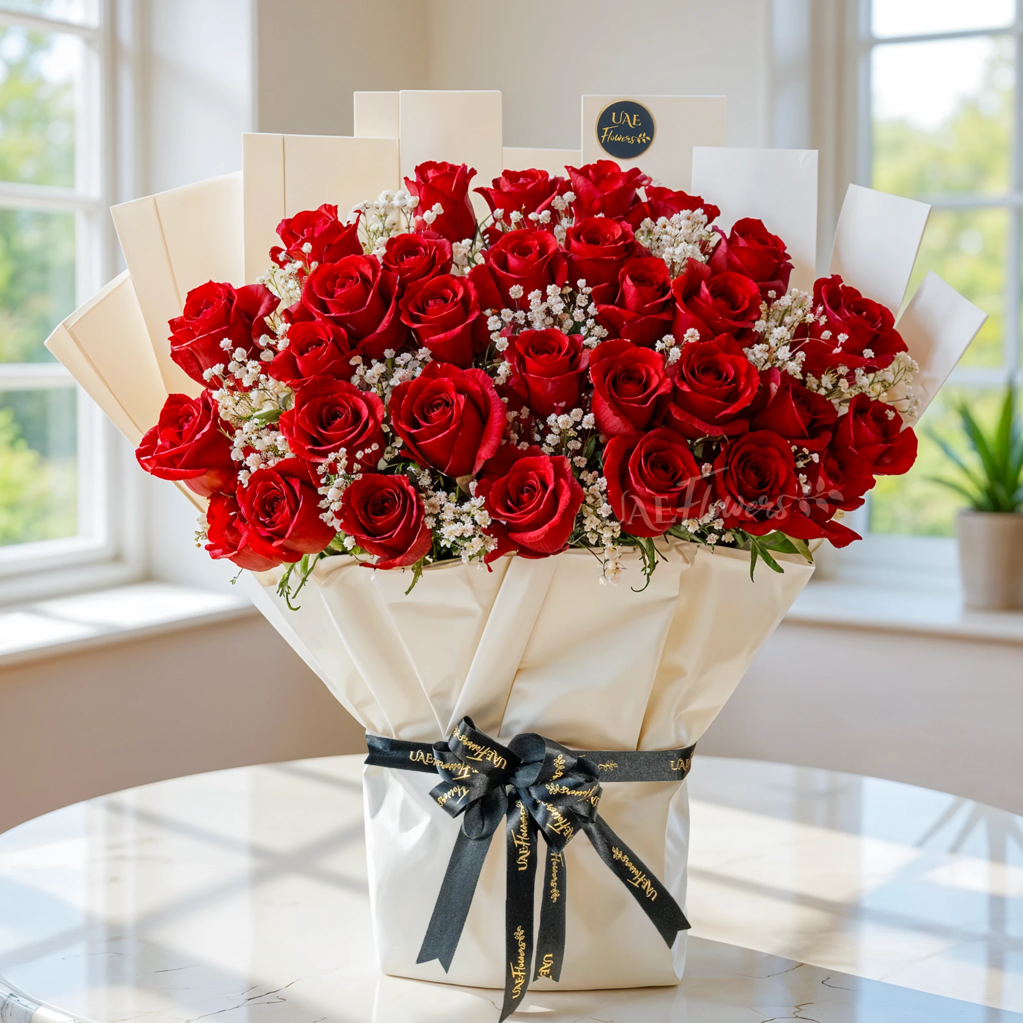 bouquet of 30 red roses with green fillers