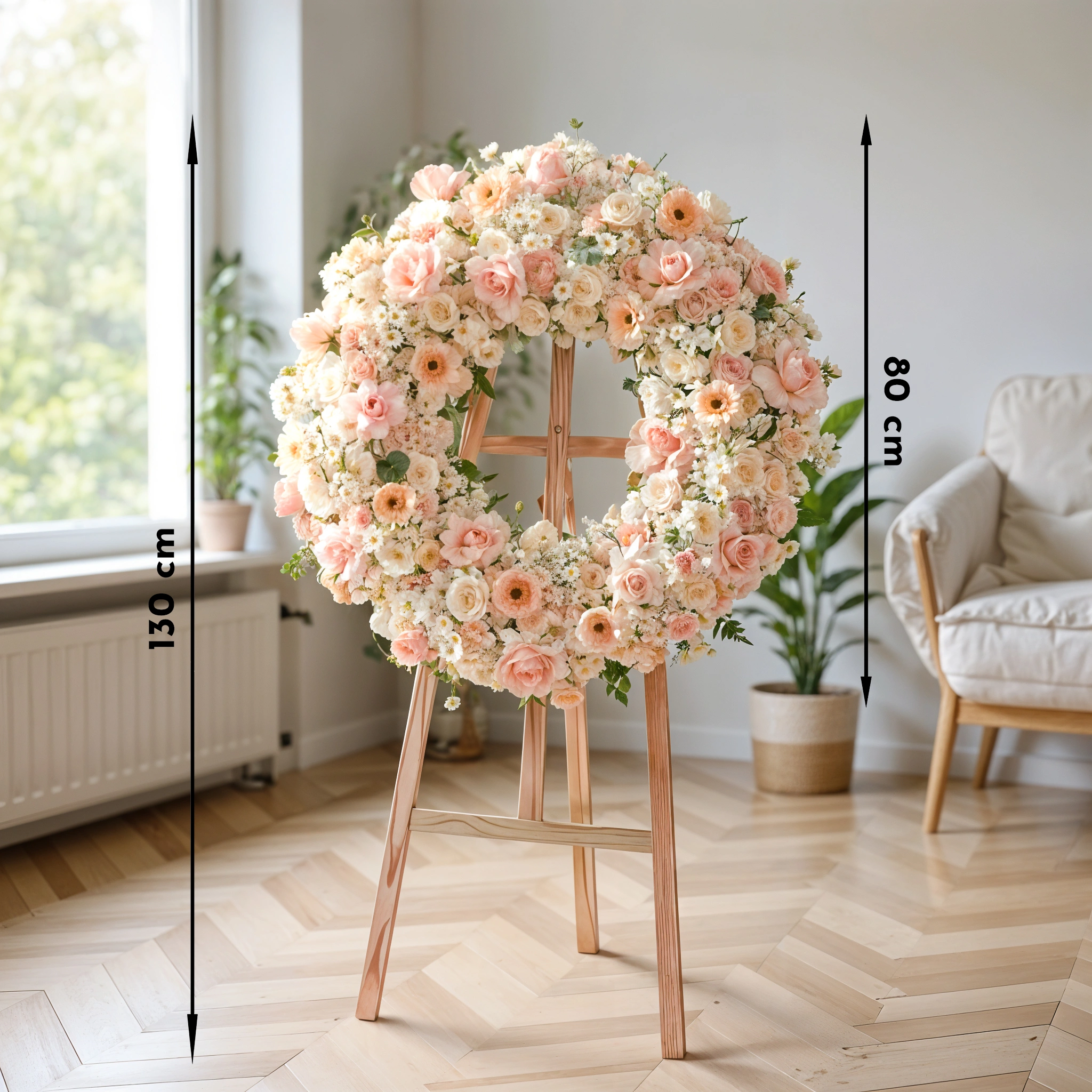 Wreath round arrangement of 10 Peach Gerberas, 100 Pink and White Roses, 20 Pink Carnations, 20 White Lisianthius, 10 White Chrysanthemums in a stand.
