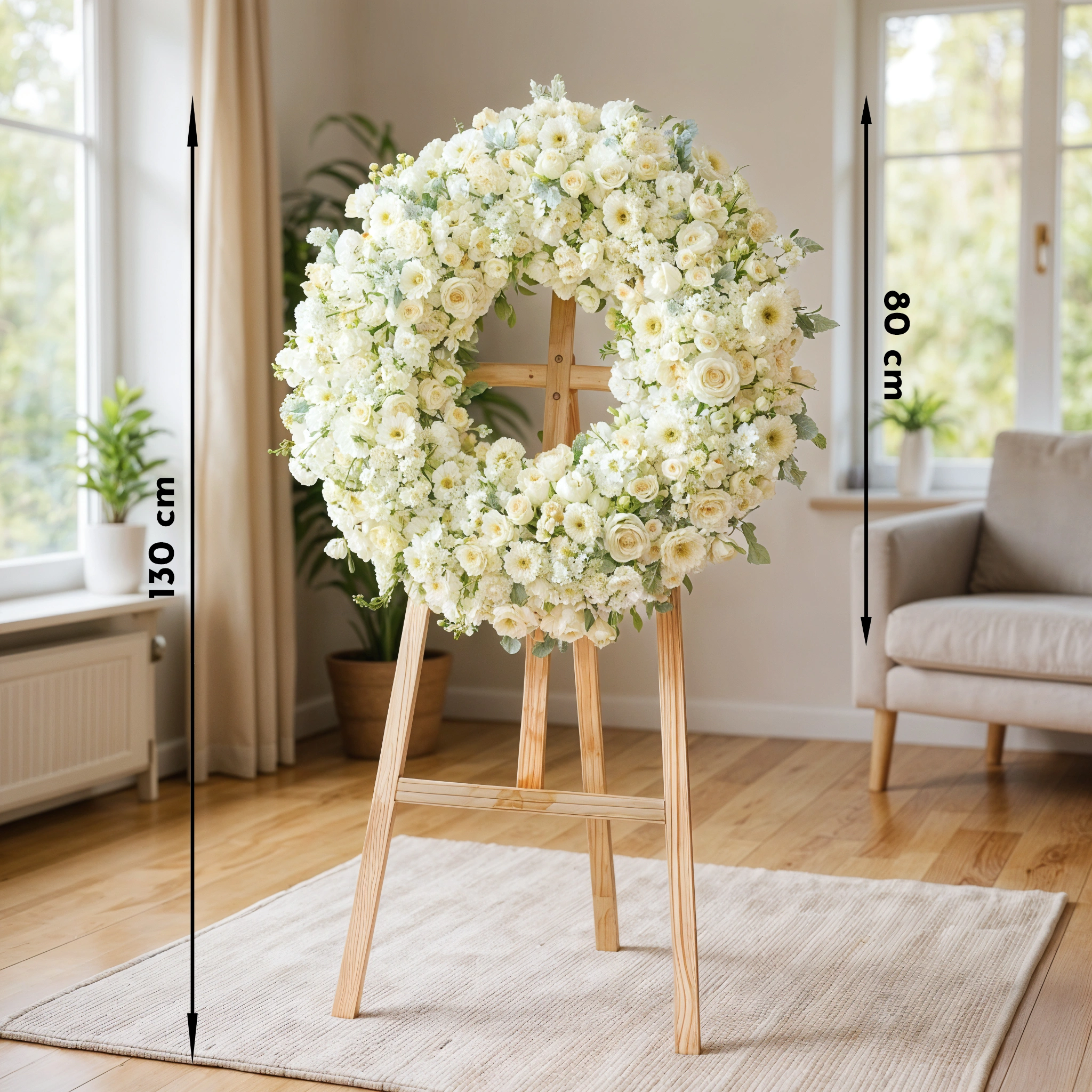 Wreath round arrangement of 30 White Roses, 3 White Hydrangeas, 20 White Gerberas, 50 white Spray Roses, 20 White Lisianthus, 10 Hypericum in a stand.