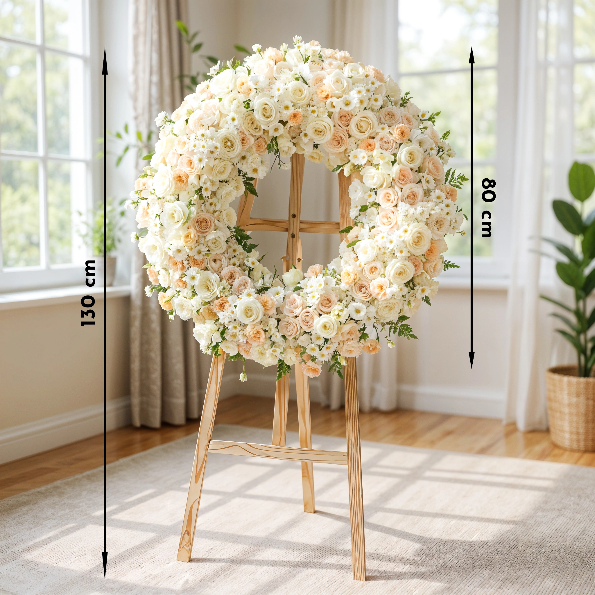 Wreath round arrangement of 150 White and Cream Roses, 20 White Lisianthus, 20 Pink Carnations, 10 White Chrysanthemums in a stand.