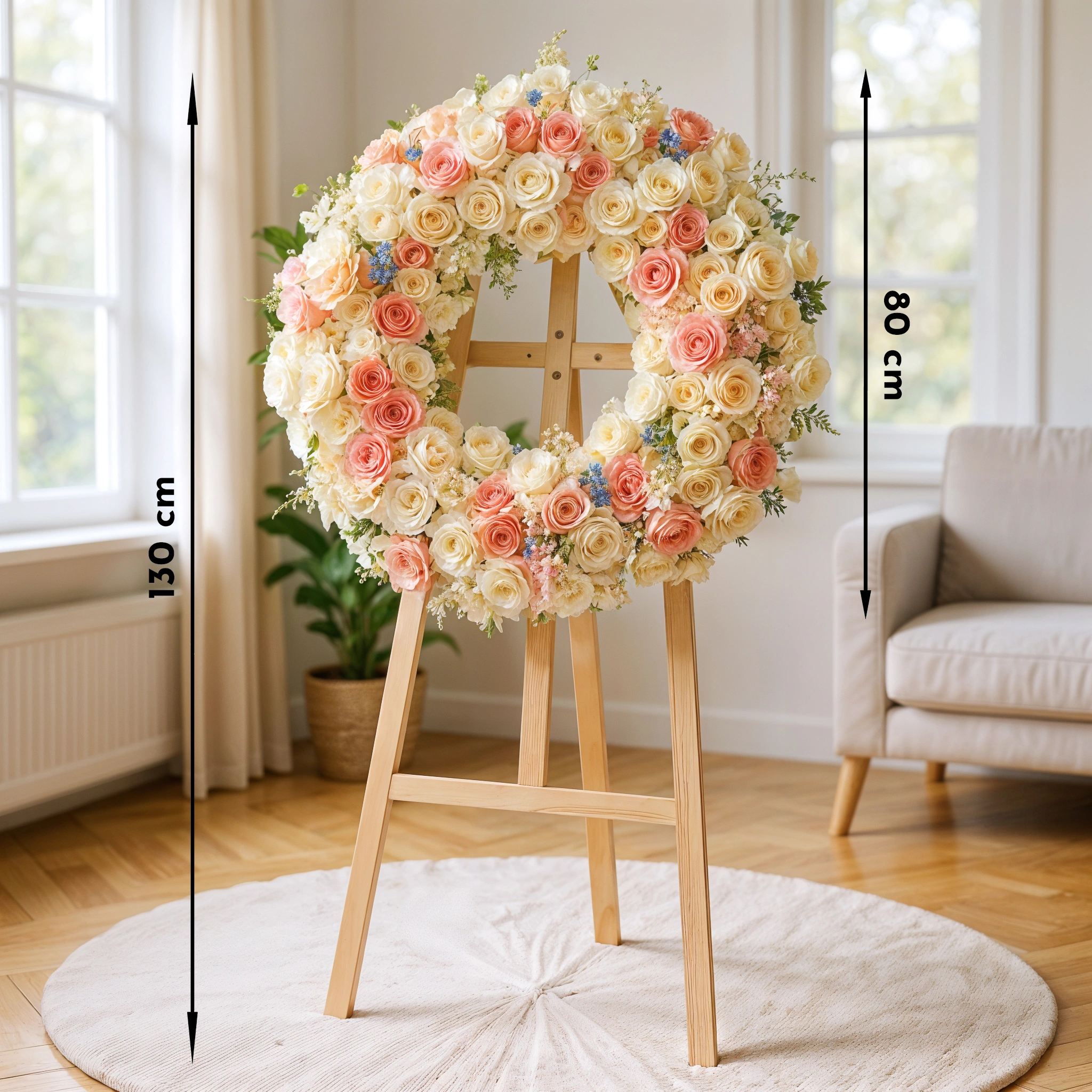 Wreath round arrangement of 150 Pink and Cream Roses, 20 Pink Carnations, 20 White Lisianthus and 10 Blue Oxypetalum in a stand.