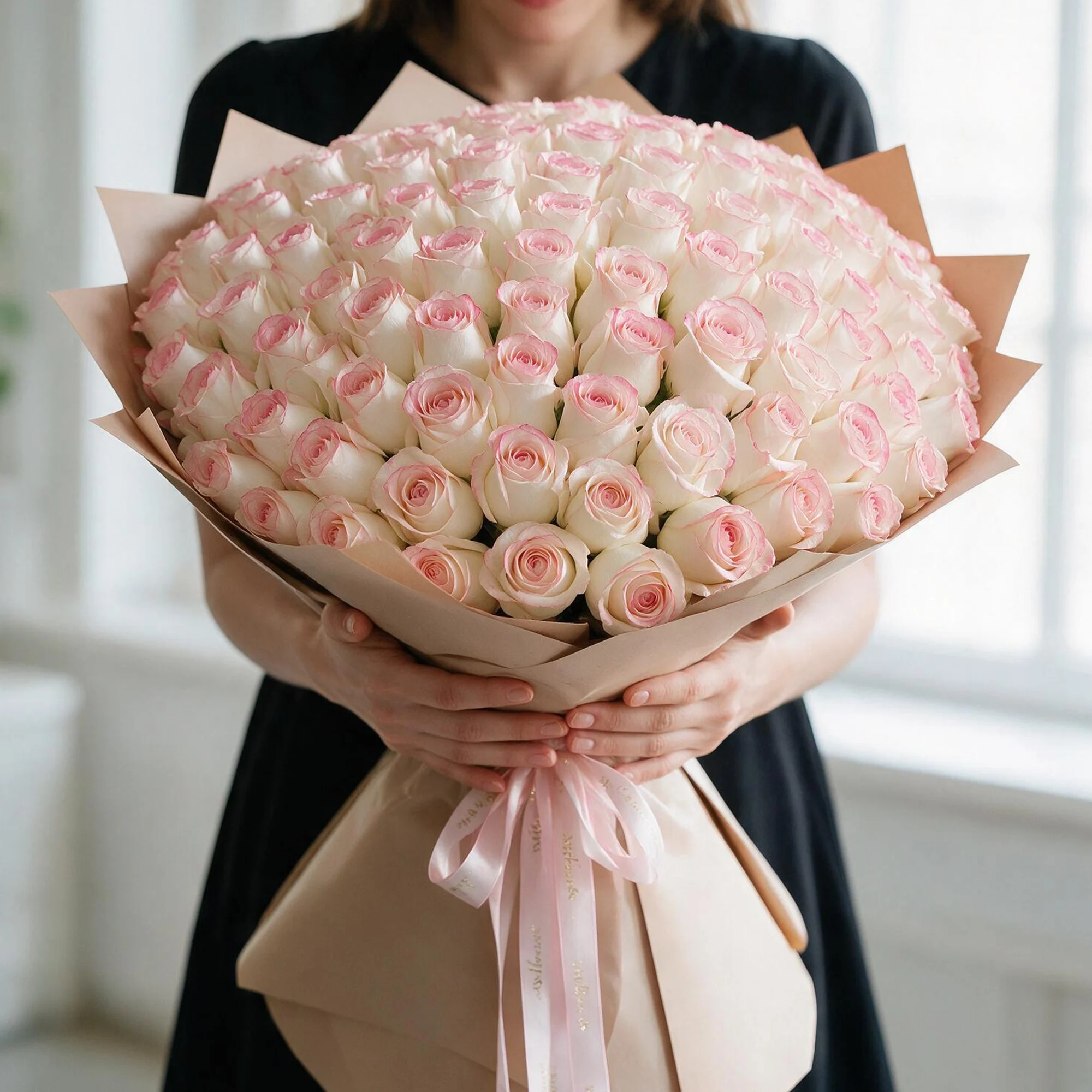 Luxurious bouquet of 100 pink roses, elegantly wrapped in brown paper with a pink satin ribbon. Perfect for anniversaries, birthdays, or heartfelt moments.