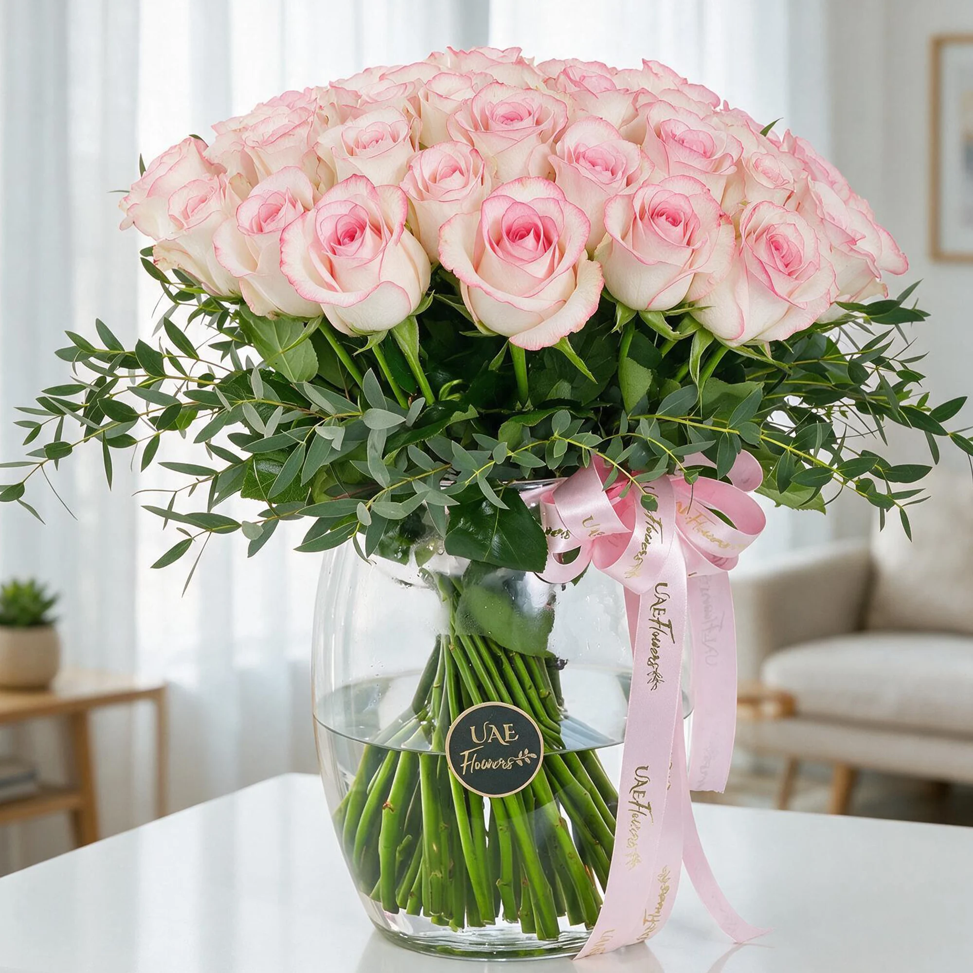Pink Roses arrangement of 60 pink roses with lots of green fillers in a glass vase.