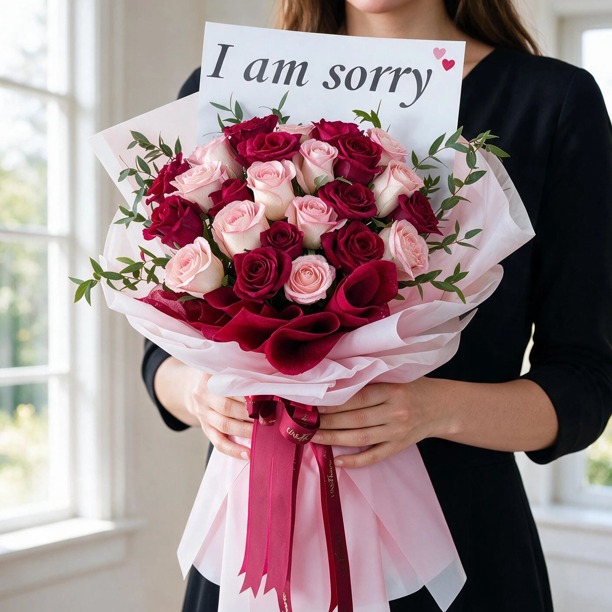 Bouquet of 24 red and pink roses with green fillers in nice wrapping.