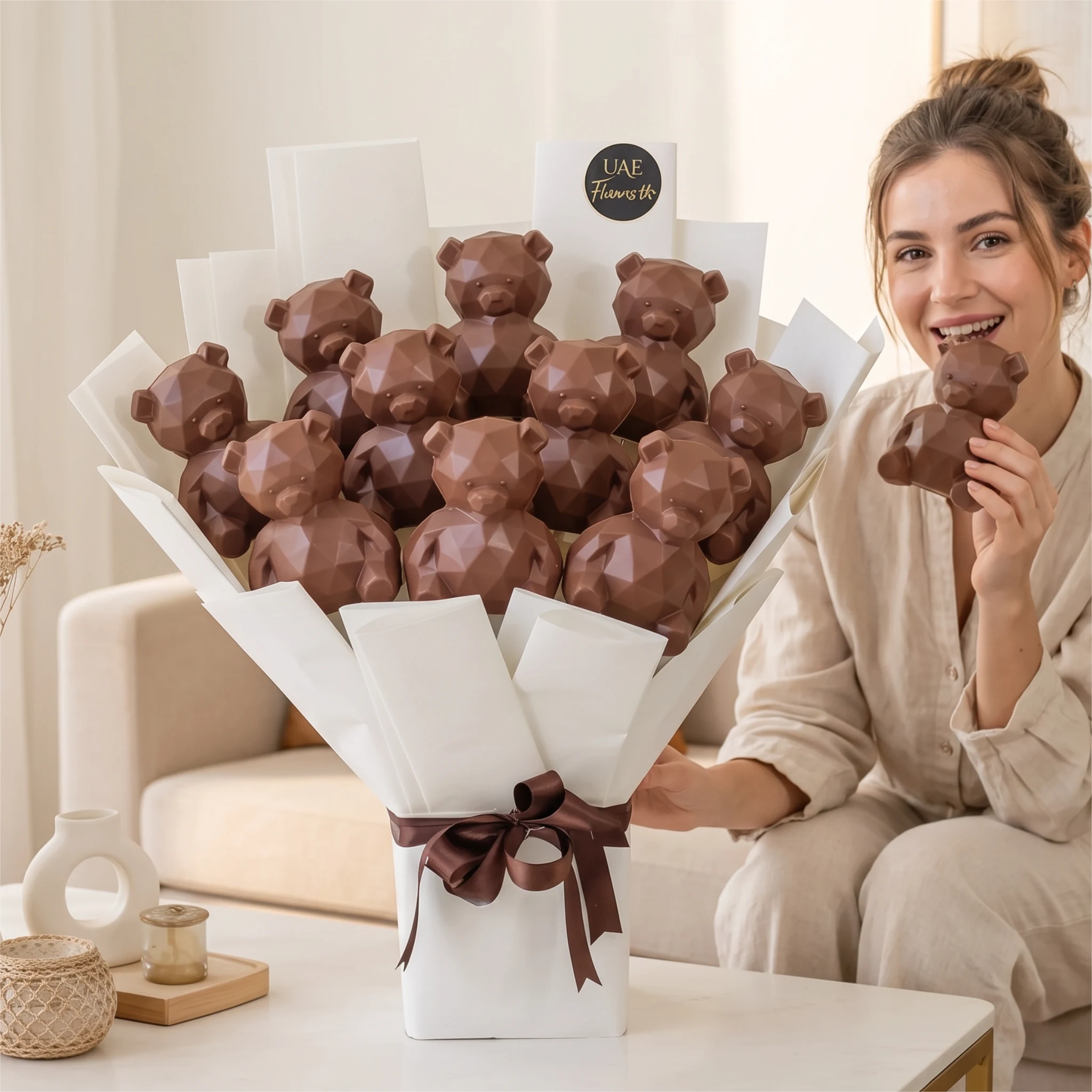 Luxury Choco Teddy Bliss Bouquet with 12 Teddy Shaped Chocolates in Premium White Wrapping and Brown Ribbon