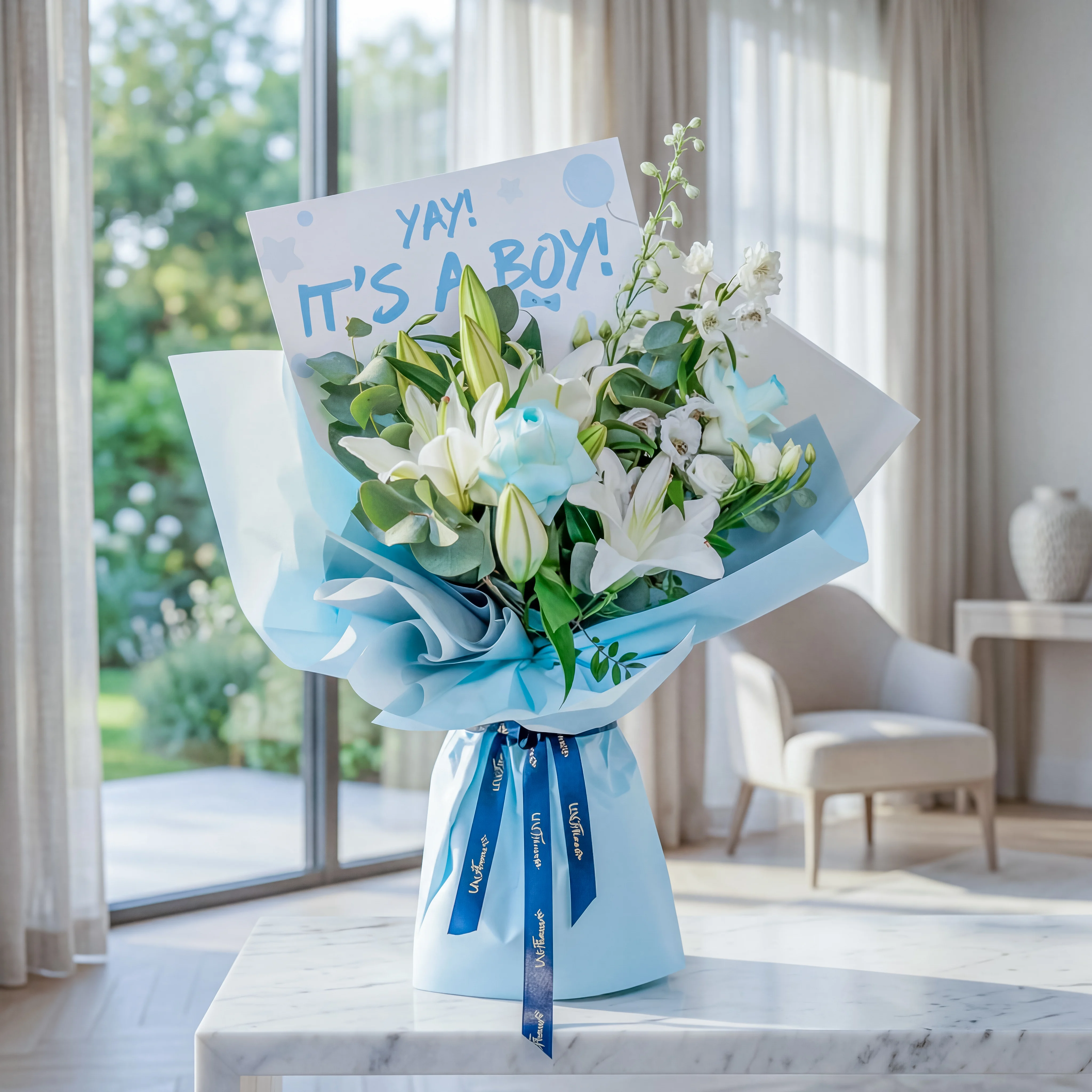 Floralia Heavenly Blessings It's a Boy Bouquet with White Lilies, White Lisianthus, Blue Floral Accents, Eucalyptus Leaves and Premium Baby Boy Message Wrapping