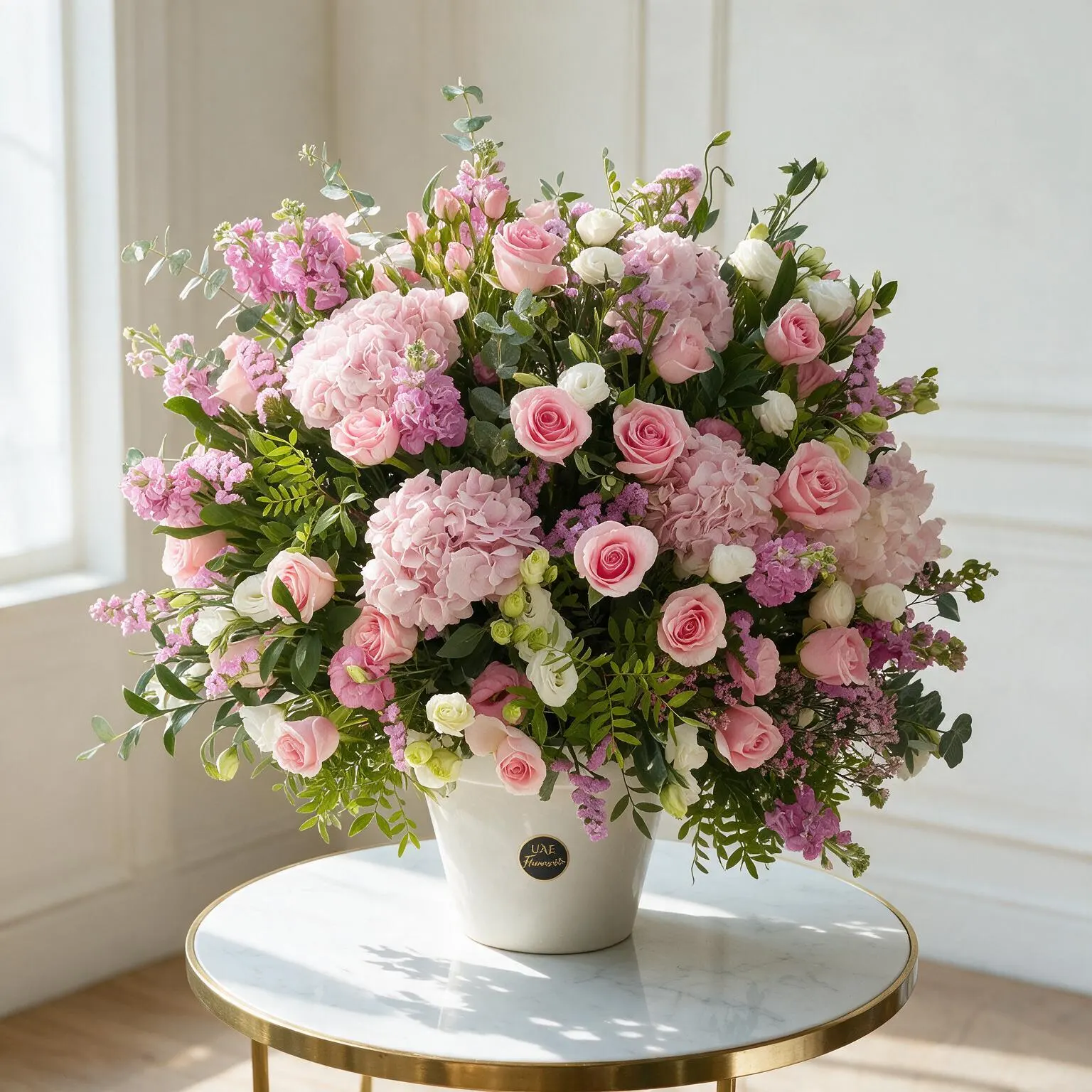 4 pink hydrangeas, 20 pink roses, 5 pink matthiola, and 7 green lisianthus with green fillers in a glass vase