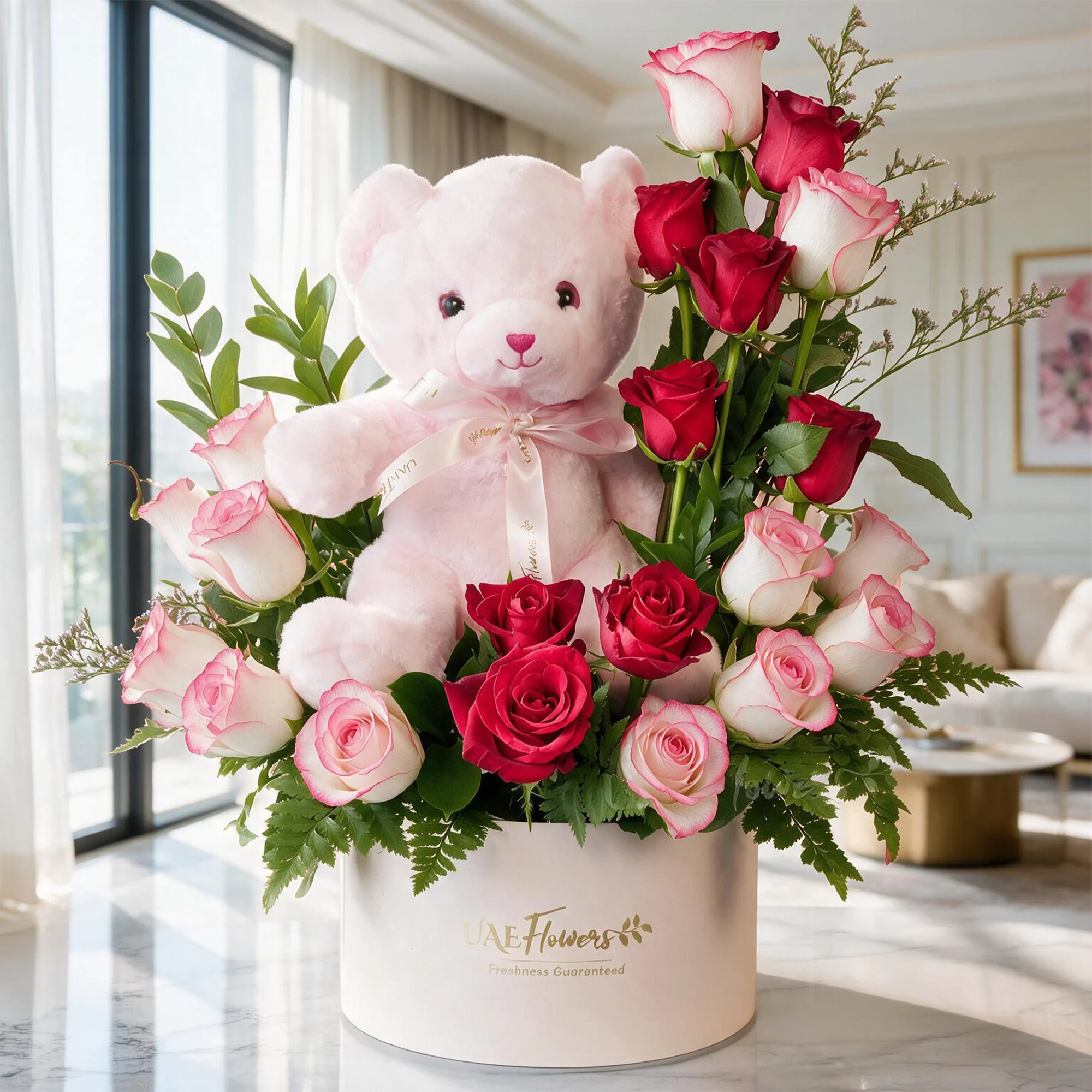 10 red and 10 pink roses with green fillers in a box, paired with a small pink teddy.