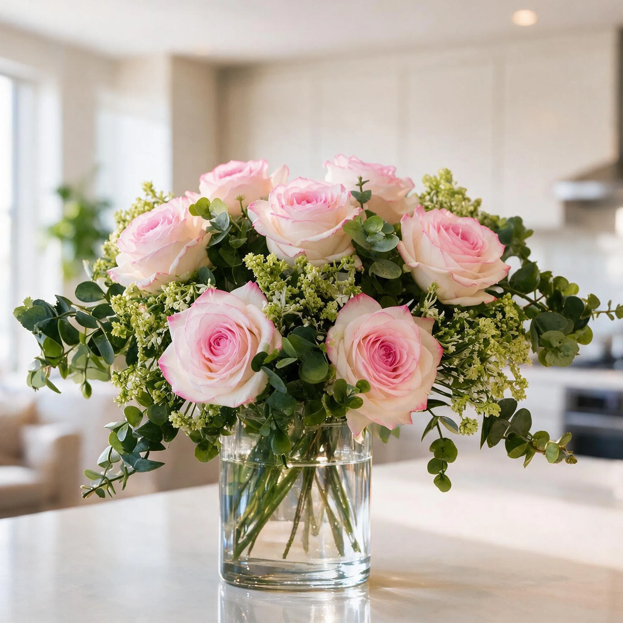 7 pink roses with fillers in a square glass vase