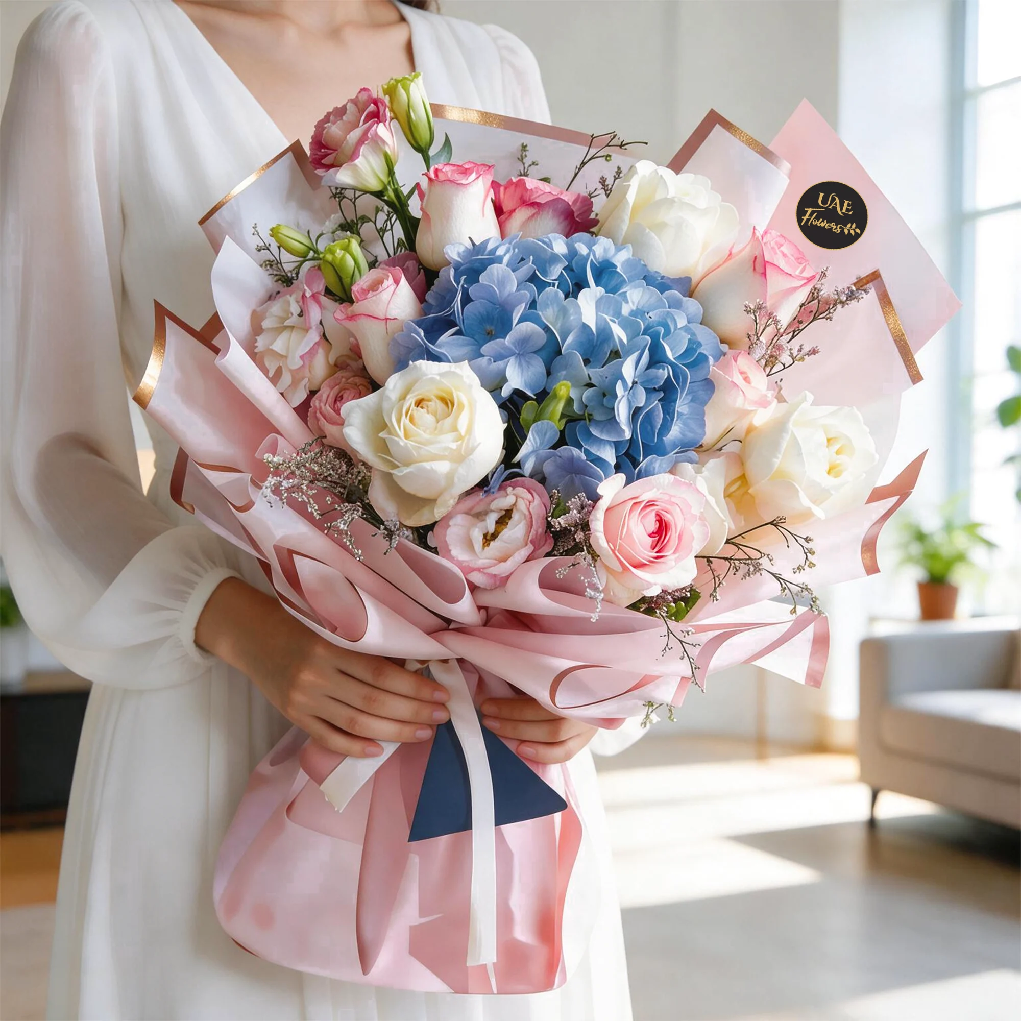 A dreamy pastel bouquet of 1 hydrangeas, 12 white and pink roses wrapped in pink paper with golden edges