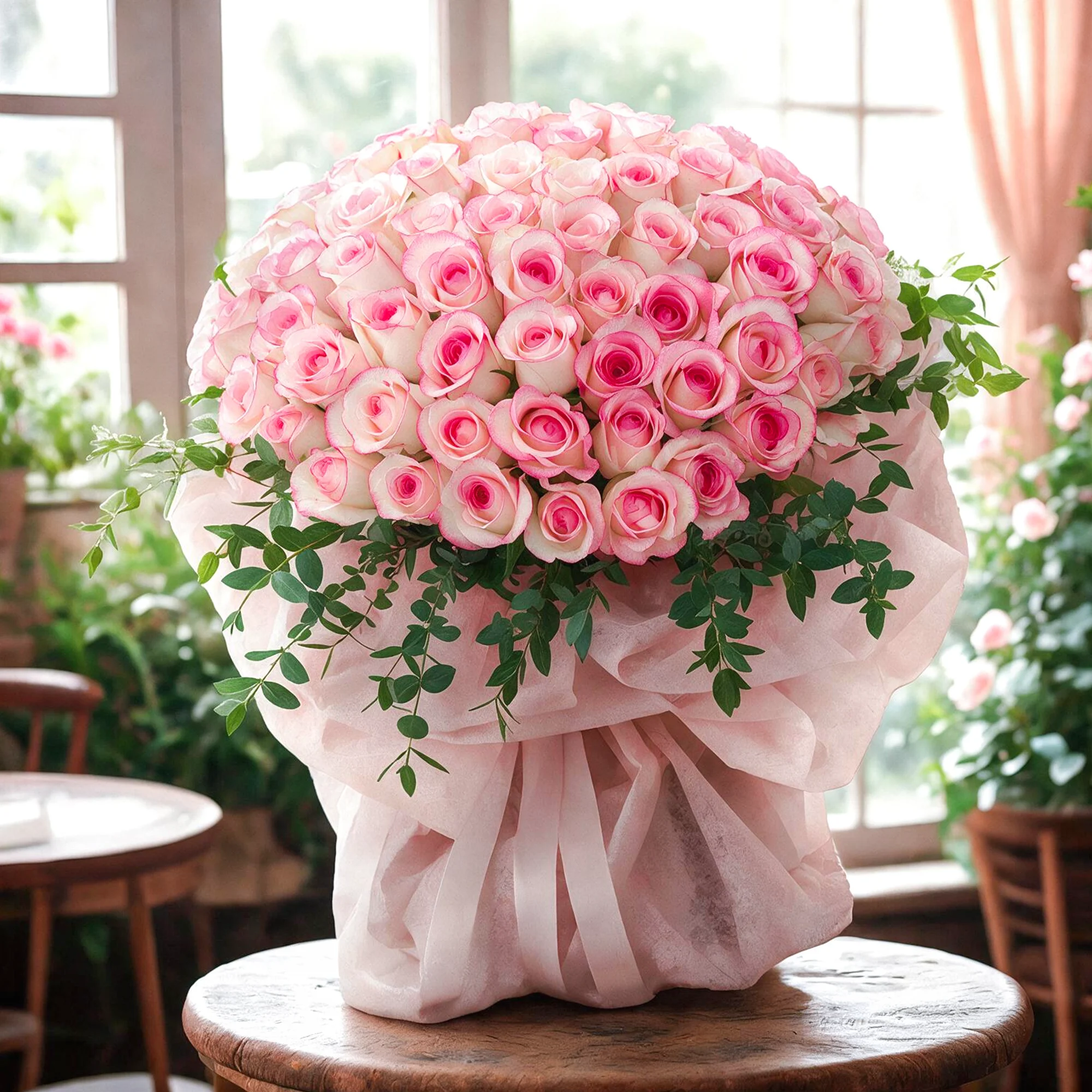 Bouquet of 40 Pink Roses with green fillers in nice wrapping