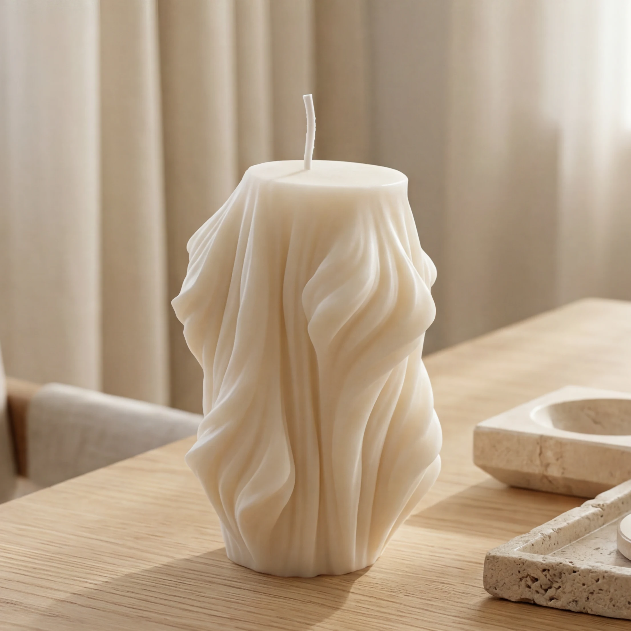 Handcrafted Ethereal Sculpted Candle in Ivory Wax with Flowing Contemporary Design for Modern Home Décor