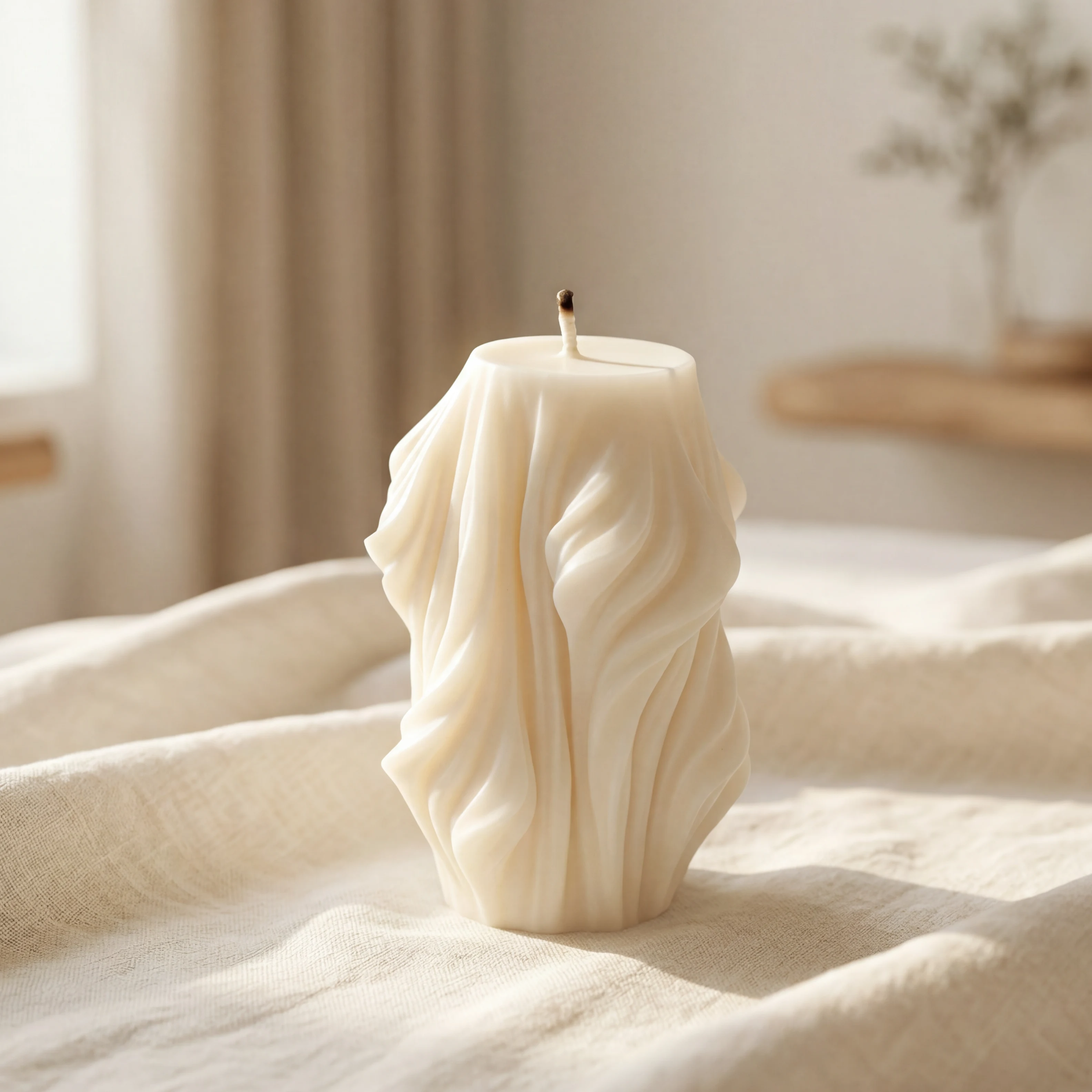 Handcrafted Ethereal Sculpted Candle in Ivory Wax with Flowing Contemporary Design for Modern Home Décor