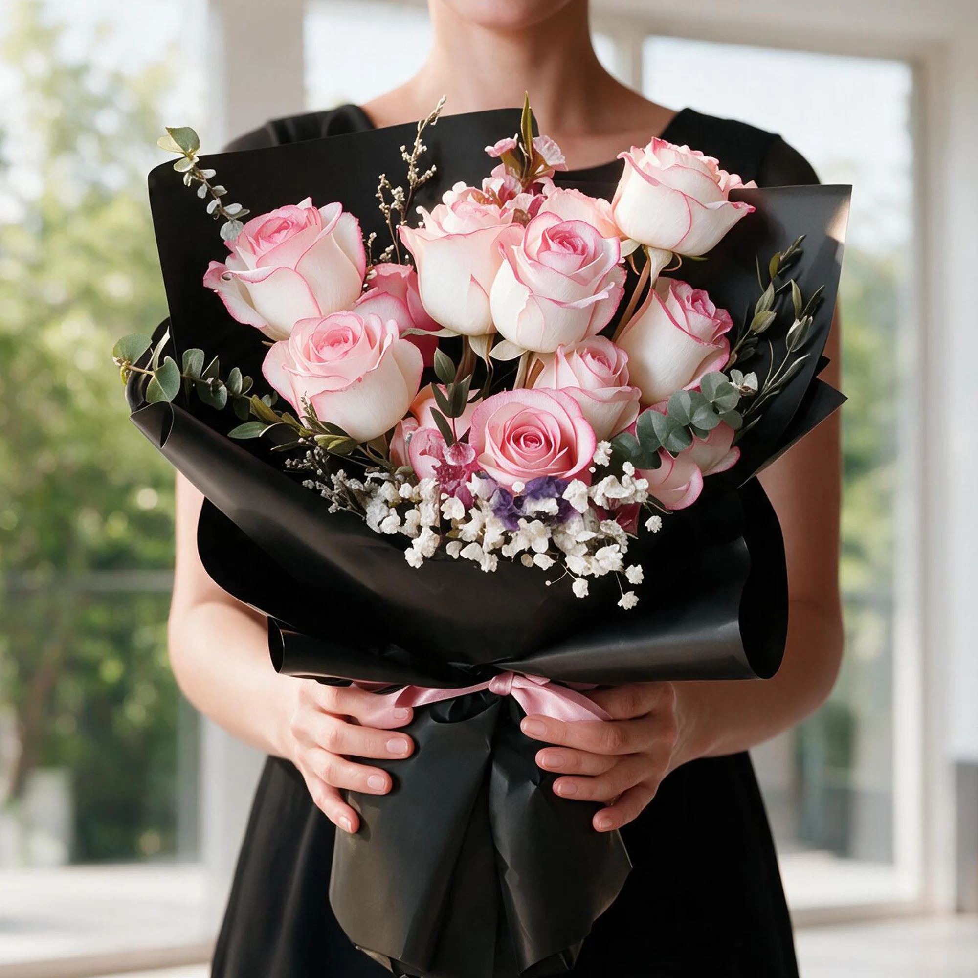 A bouquet of 12 pink roses with fillers in pink wrapping paper tied with pink ribbon