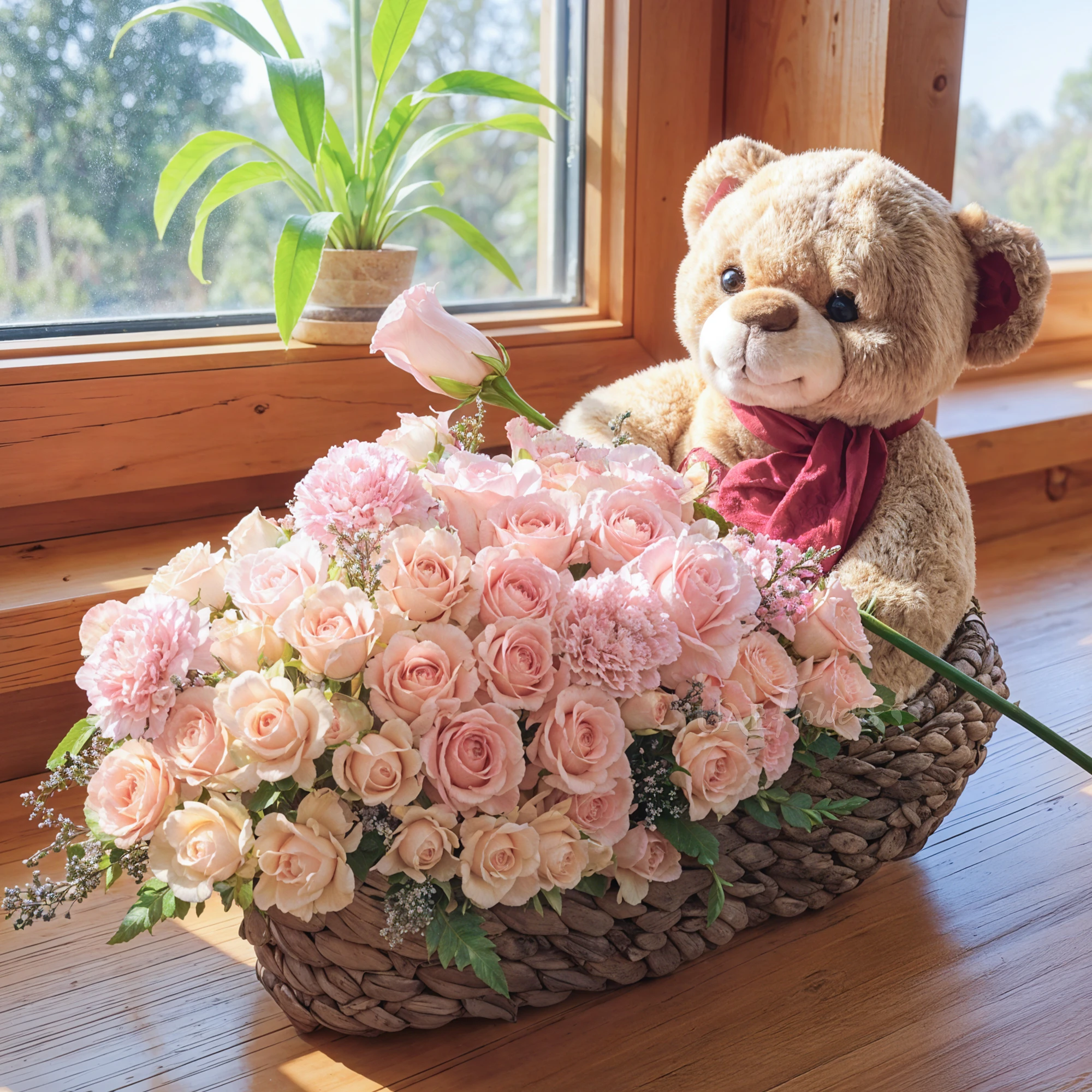 pink-themed basket of 5 roses, 5 carnations, 10 spray roses, and a teddy bear