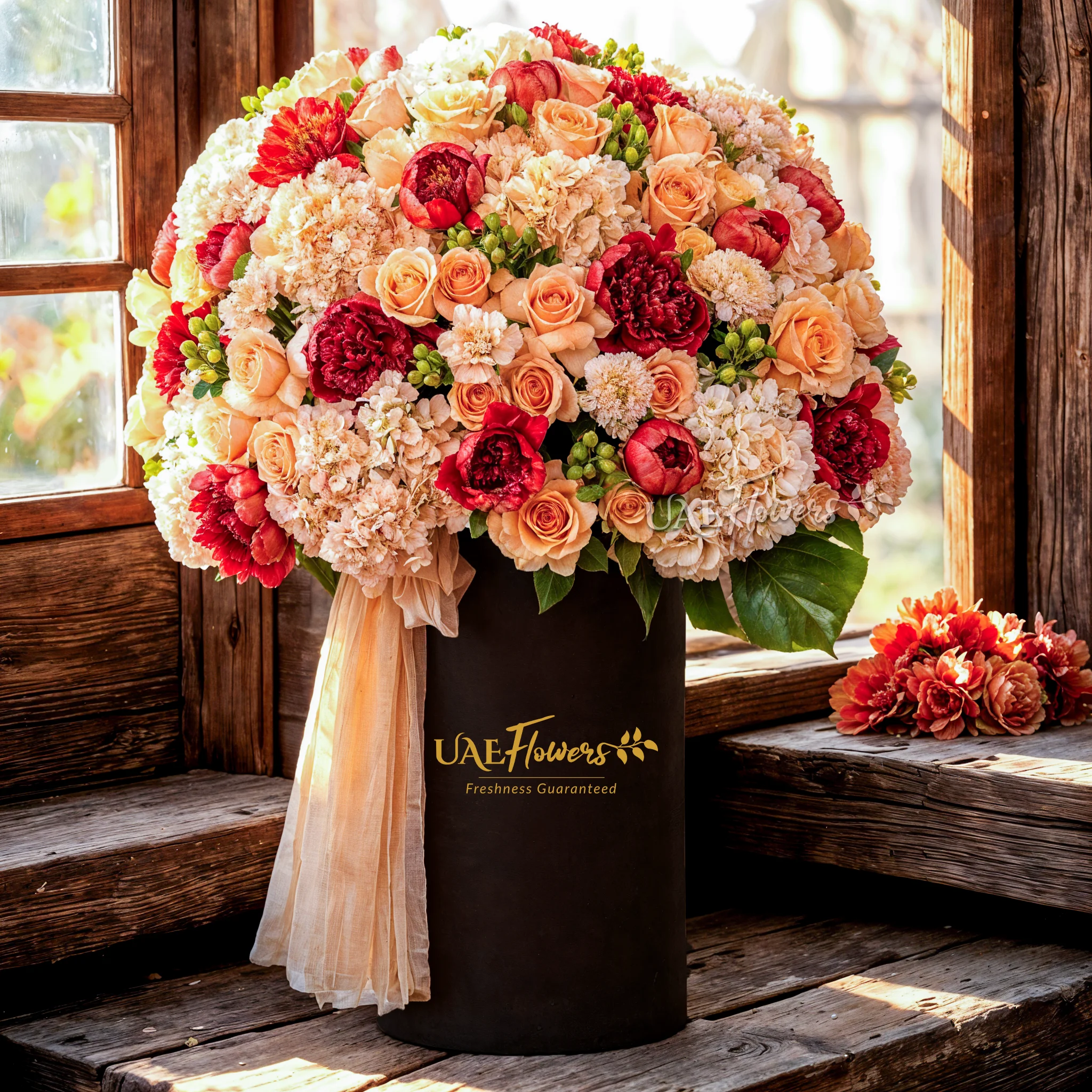 An arrangement of peach hydrangeas, red peonies, peach roses, light pink carnations with green hypericums and green fillers peach net in a tall round box.