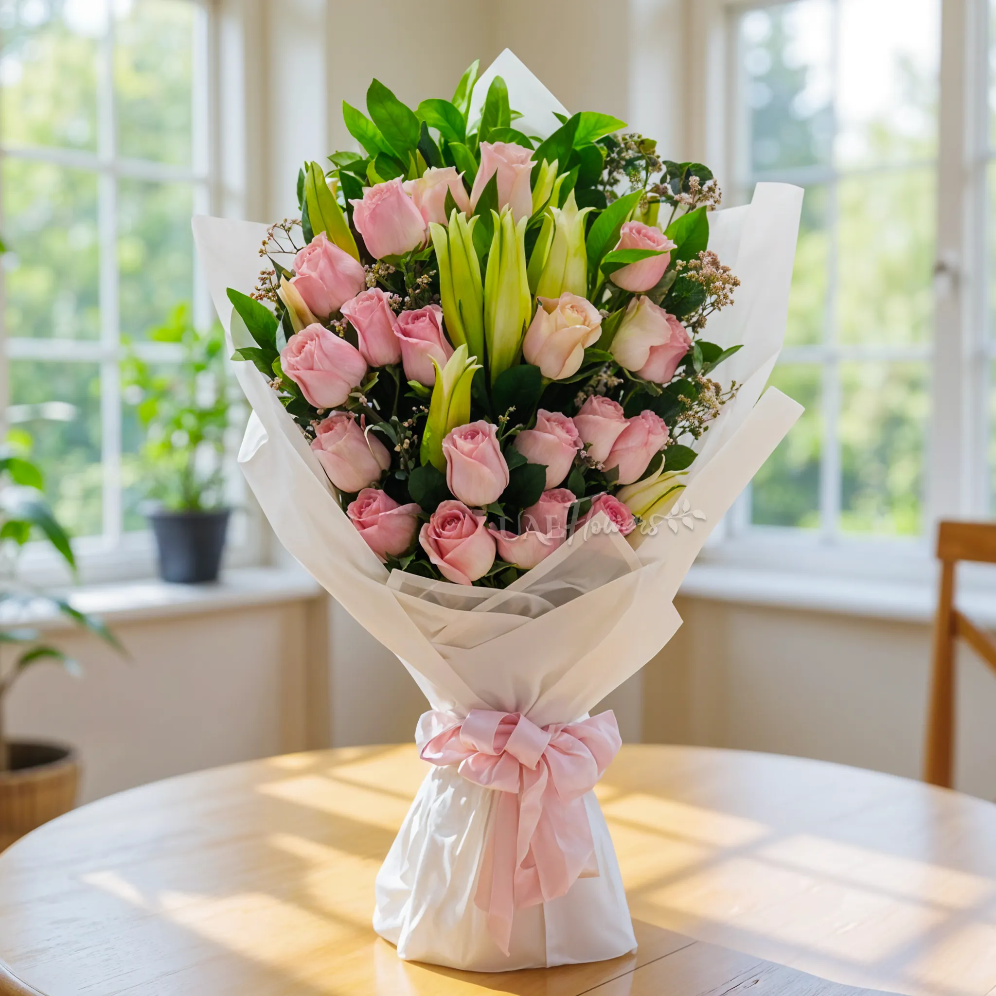 A bouquet of 20 long stemmed pink roses paired with 4 white lilies in premium white wrapping paper finished off with a pink ribbon