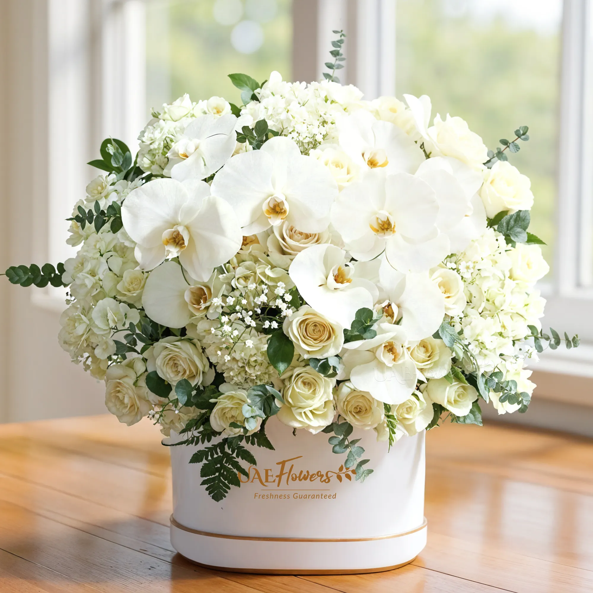 Half round arrangement of 5 white cymbidium Orchids, 25 white roses, 5 white hydrangea, & green fillers in a white round box