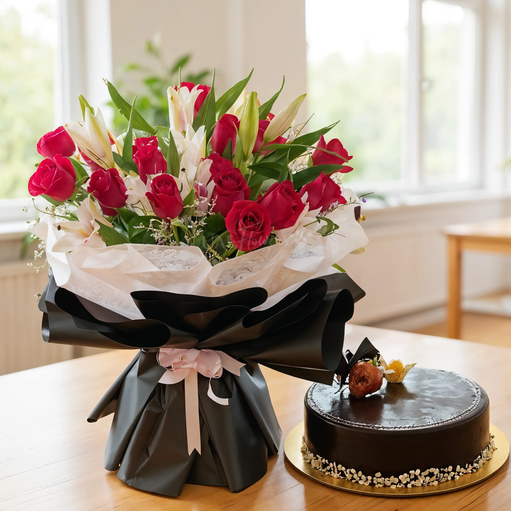 A bouquet of 3 pink lilies, 10 red roses in pink wrapping paper tied with pink ribbon and 1 kg black forest cake