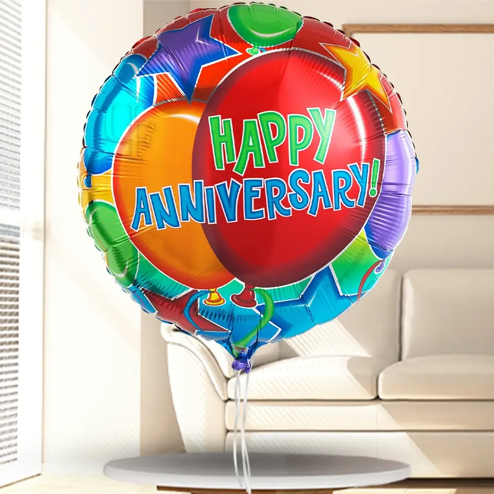 Bouquet of 6 red roses with 1 kg chocolate cake and HAPPY ANNIVERSARY foil balloon.