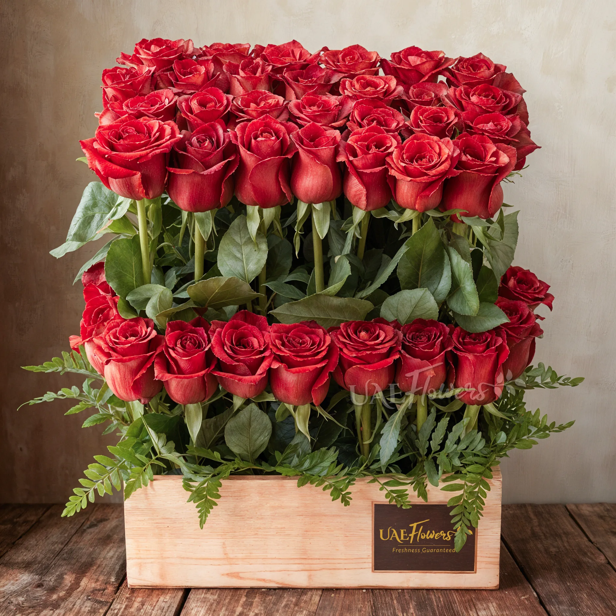 Red Roses in Wooden Tray