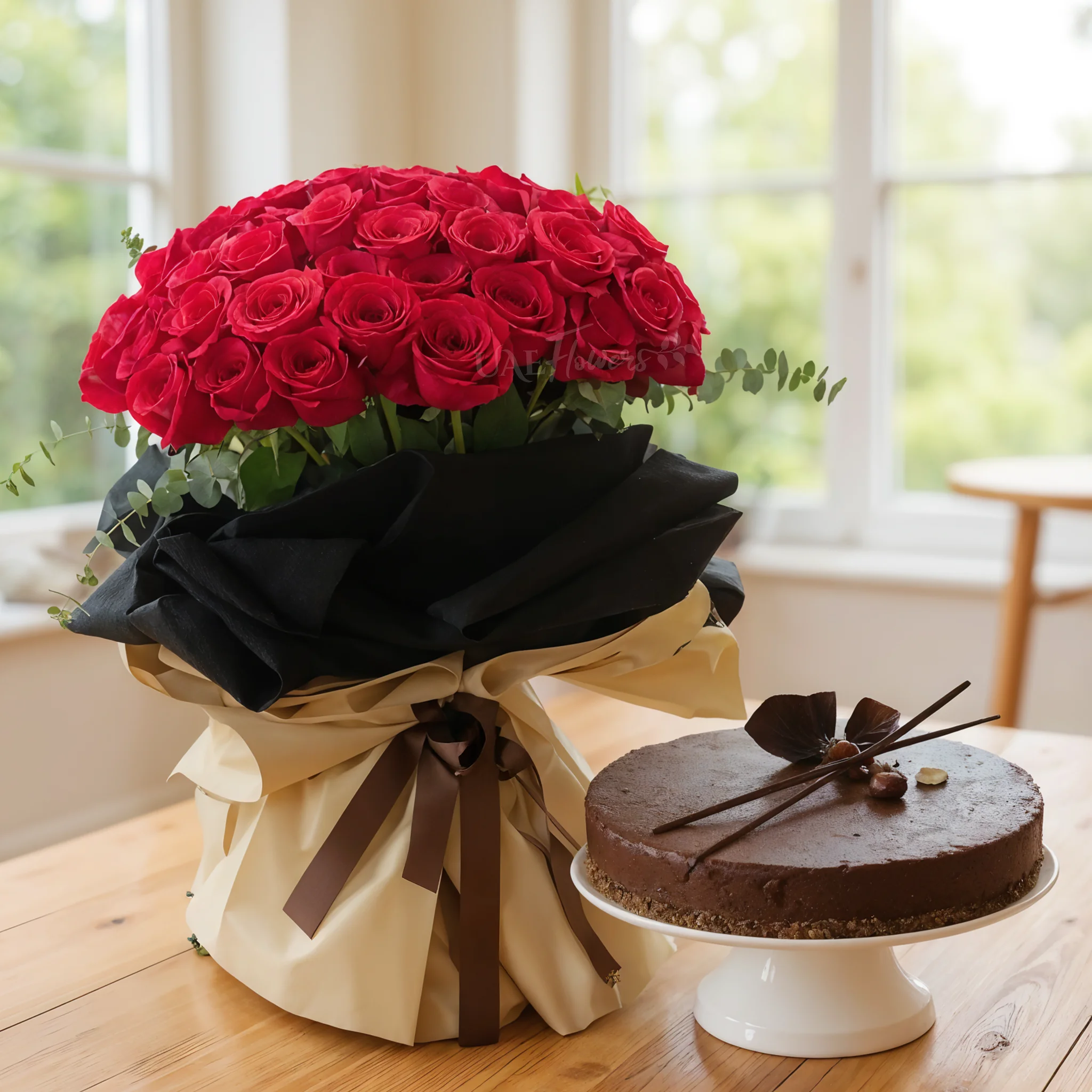 Romantic Red Rose Bouquet & 1kg Chocolate Cake Combo