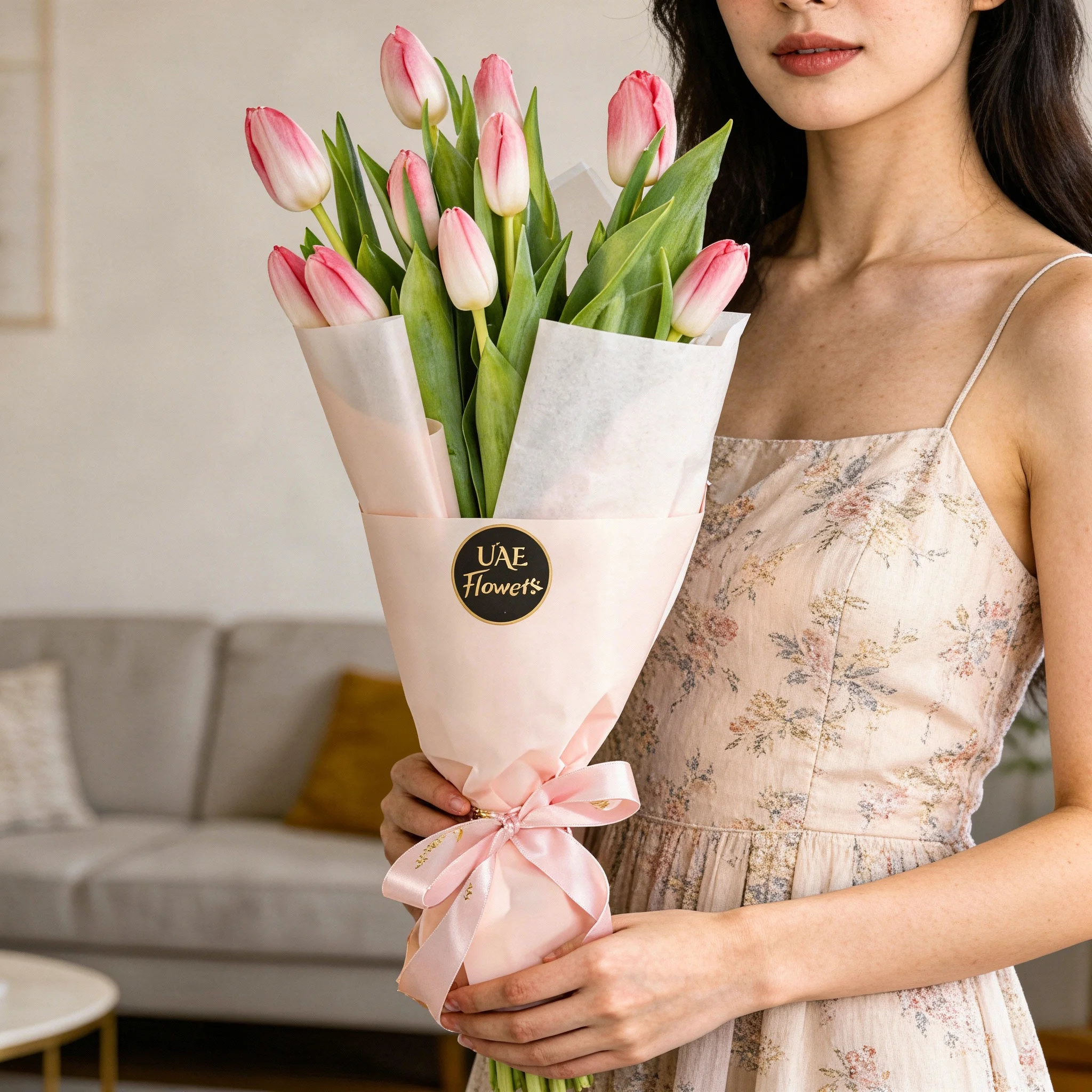 10 pink tulips is wrapped in stylish pink paper